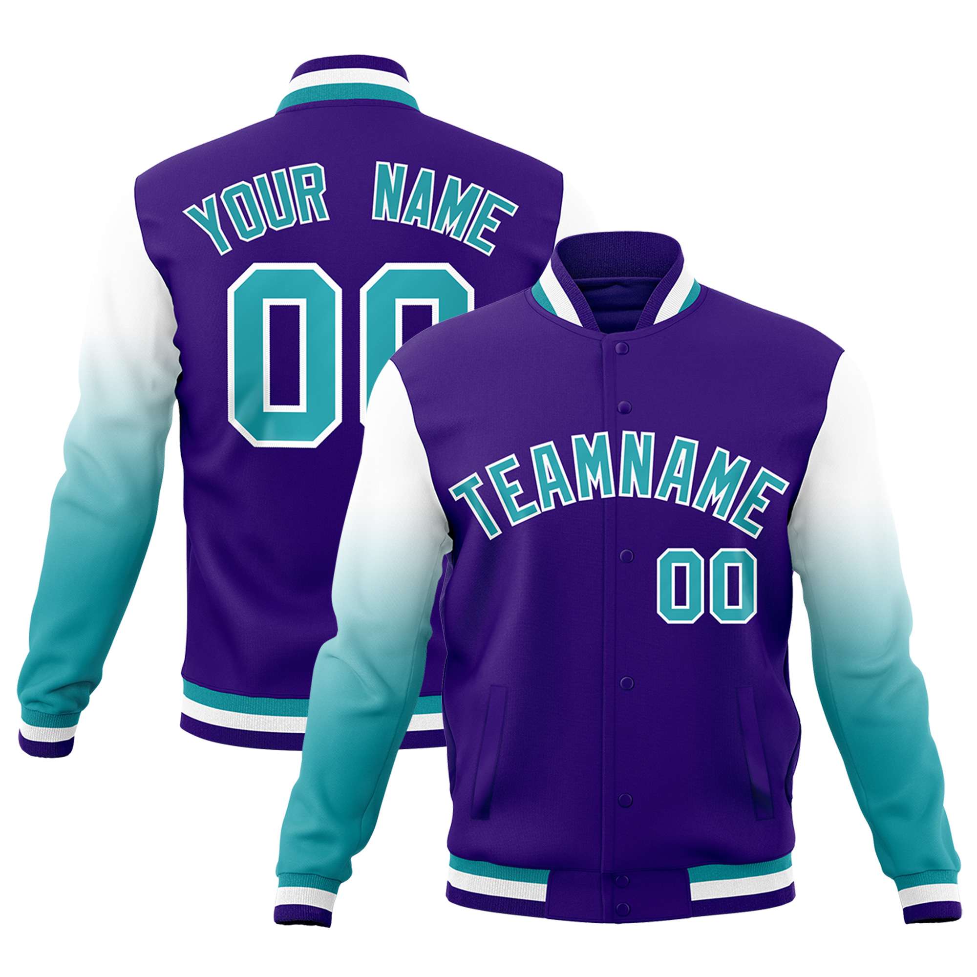 Custom Purple Aqua White Full-Snap Varsity Raglan Sleeves Gradient Letterman Jacket| KXKSHOP