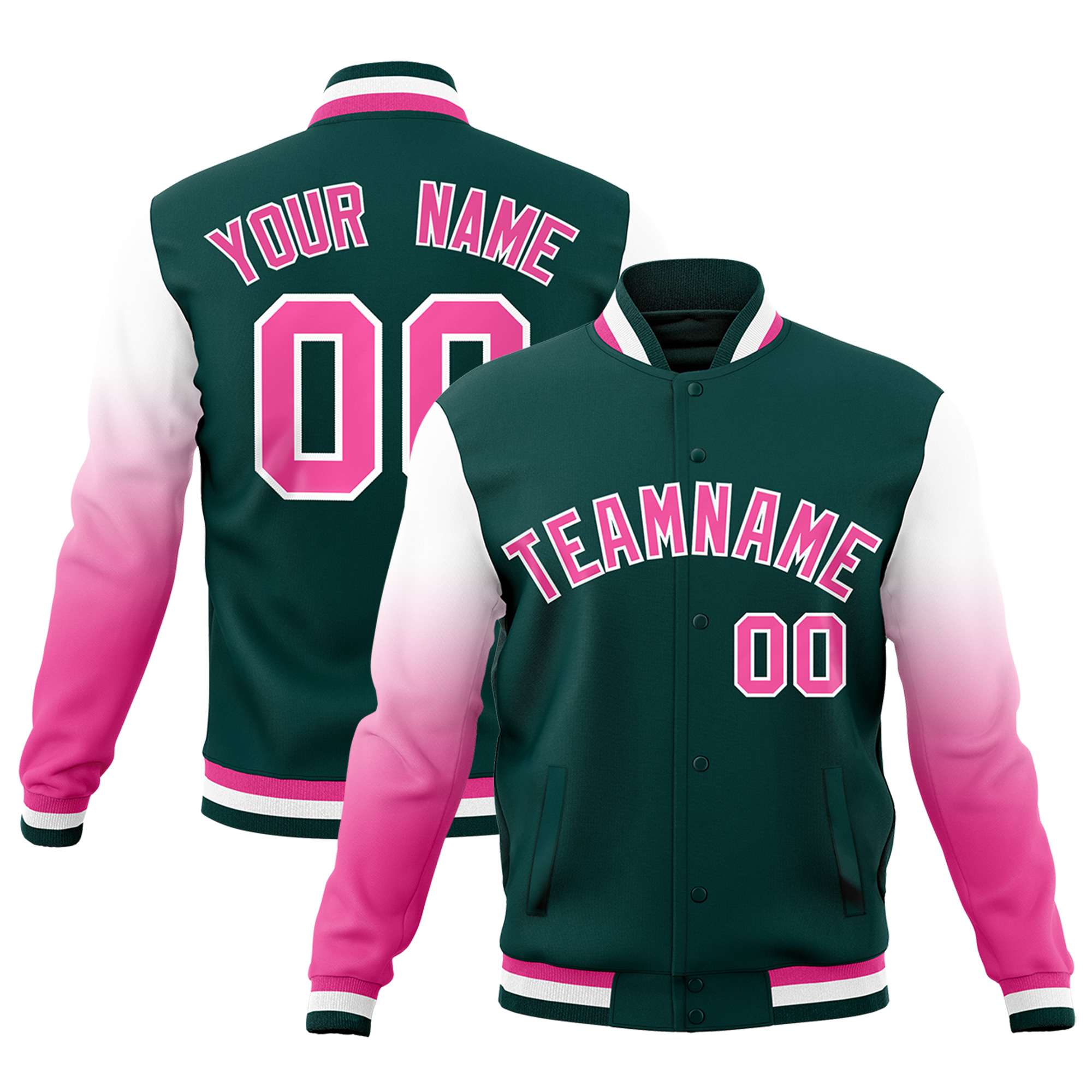 Custom Midnight Green Pink White Full-Snap Varsity Raglan Sleeves Gradient Letterman Jacket| KXKSHOP