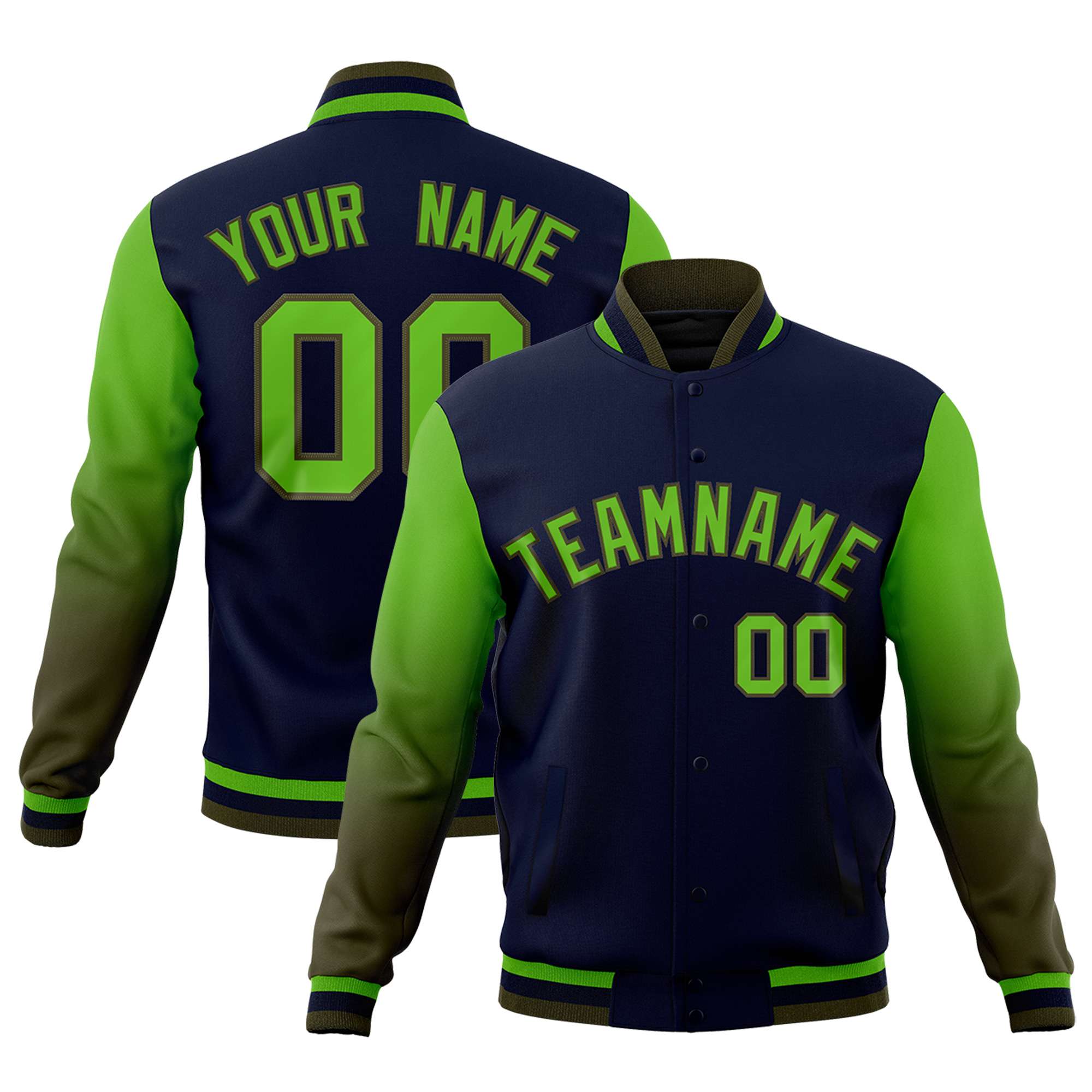 Custom Navy Green Olive Full-Snap Varsity Raglan Sleeves Gradient Letterman Jacket| KXKSHOP
