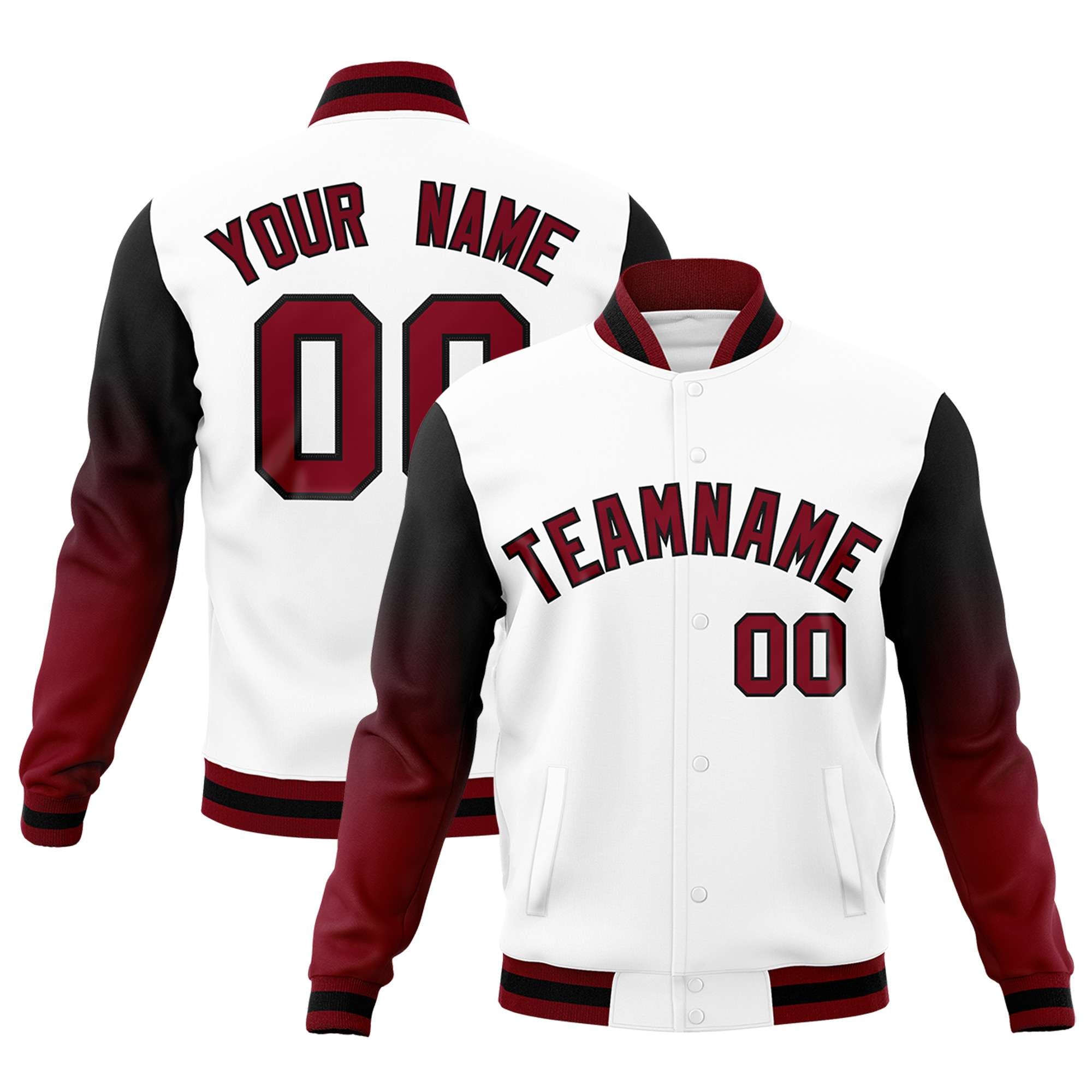 Custom White Crimson Black Full-Snap Varsity Raglan Sleeves Gradient Letterman Jacket| KXKSHOP