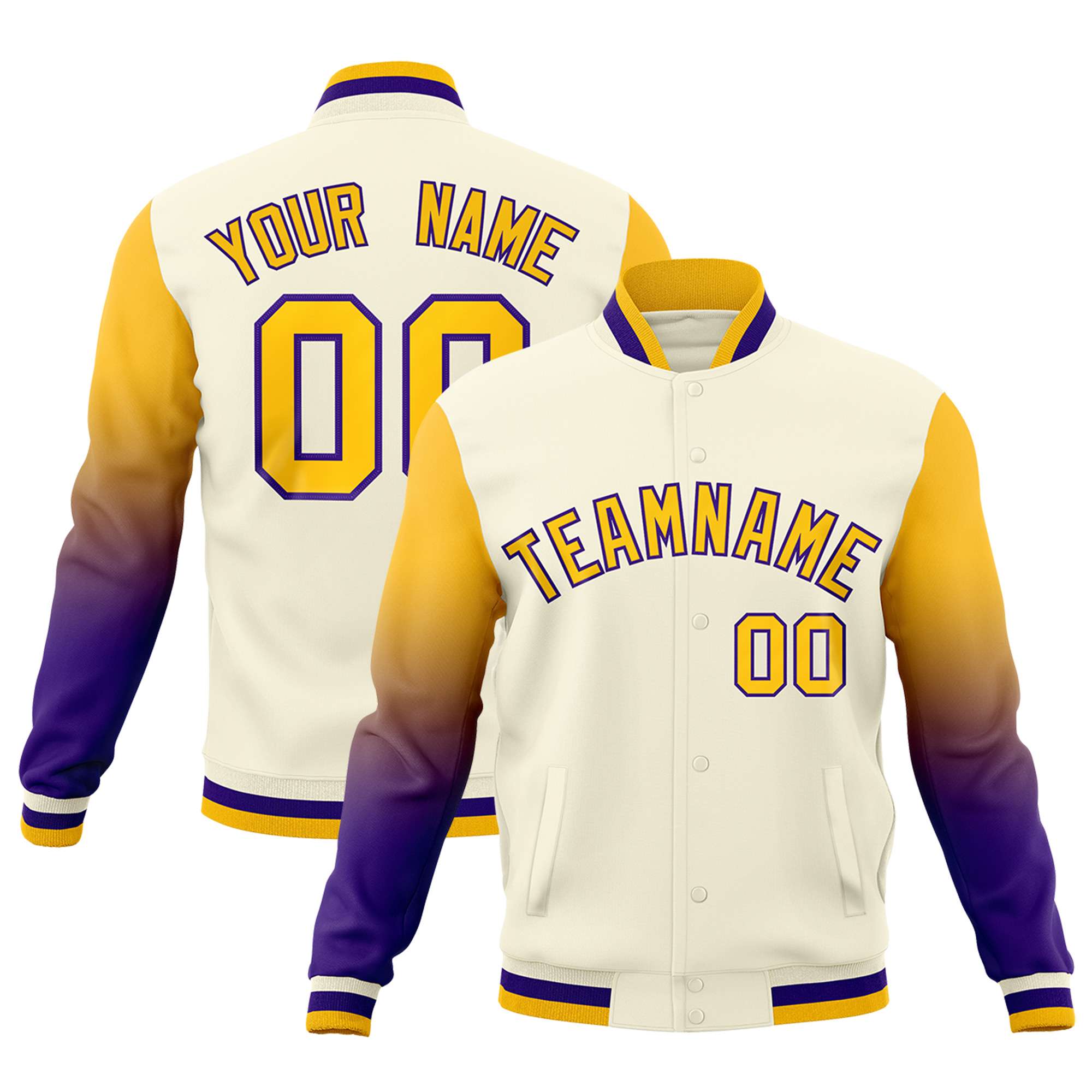 Custom Cream Gold Purple Full-Snap Varsity Raglan Sleeves Gradient Letterman Jacket| KXKSHOP