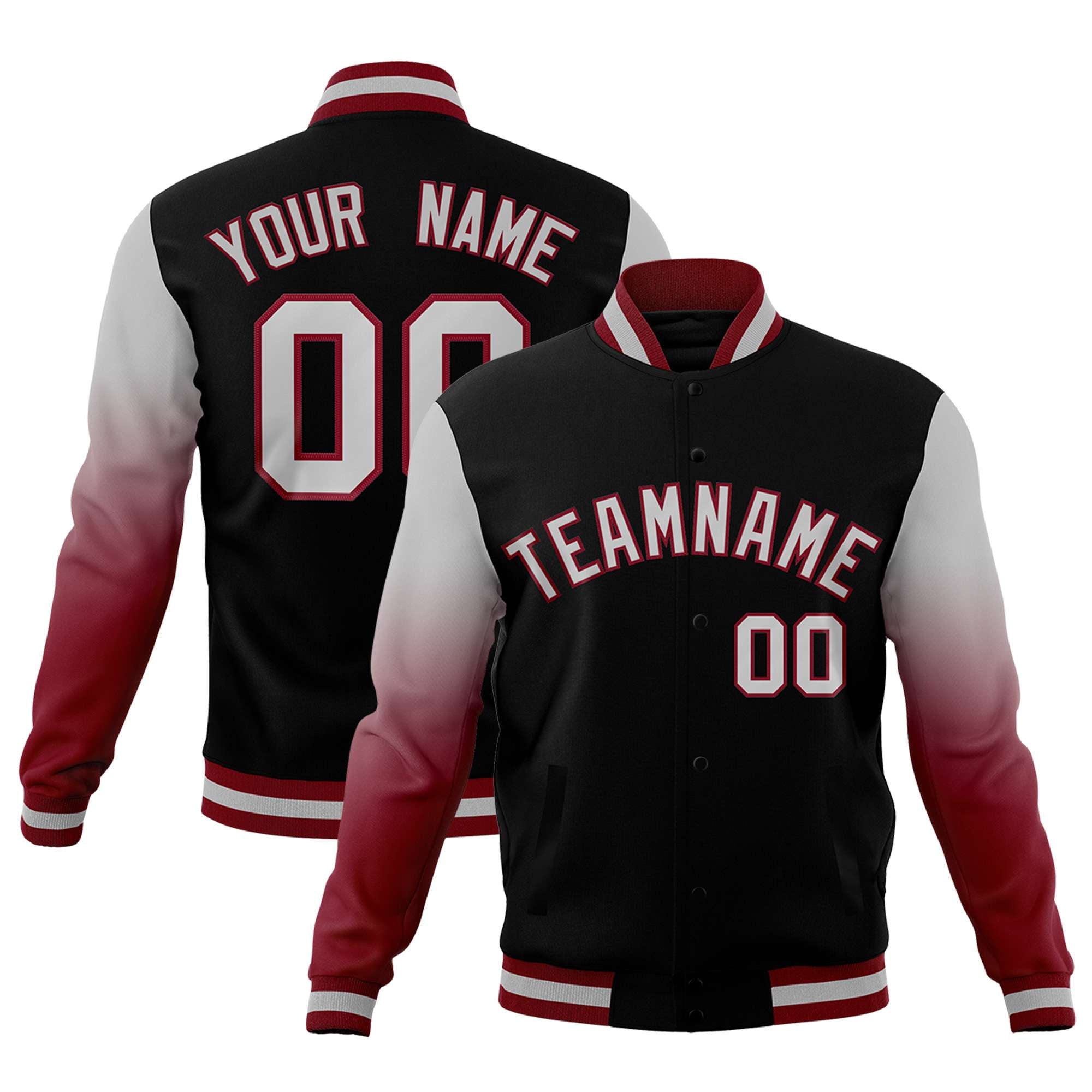 Custom Black Gray Crimson Full-Snap Varsity Raglan Sleeves Gradient Letterman Jacket| KXKSHOP