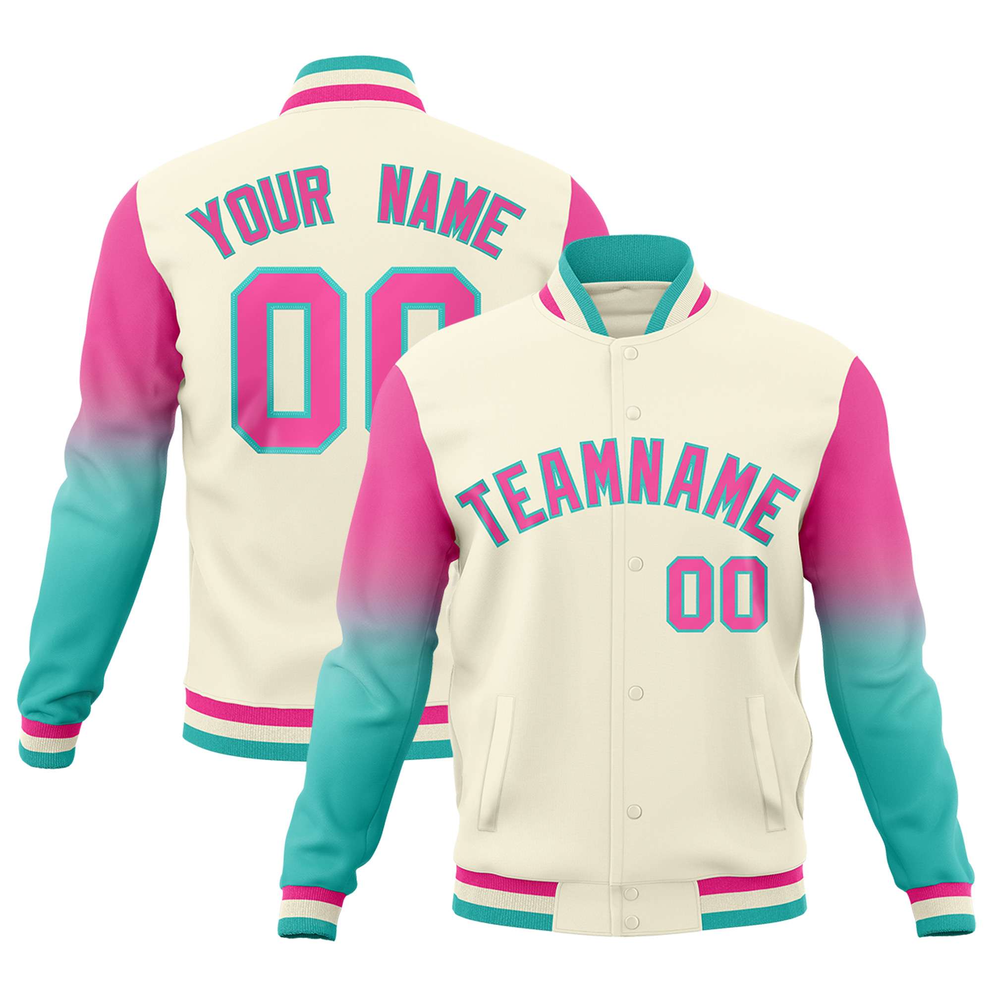 Custom Cream Pink Bright Green Full-Snap Varsity Raglan Sleeves Gradient Letterman Jacket| KXKSHOP