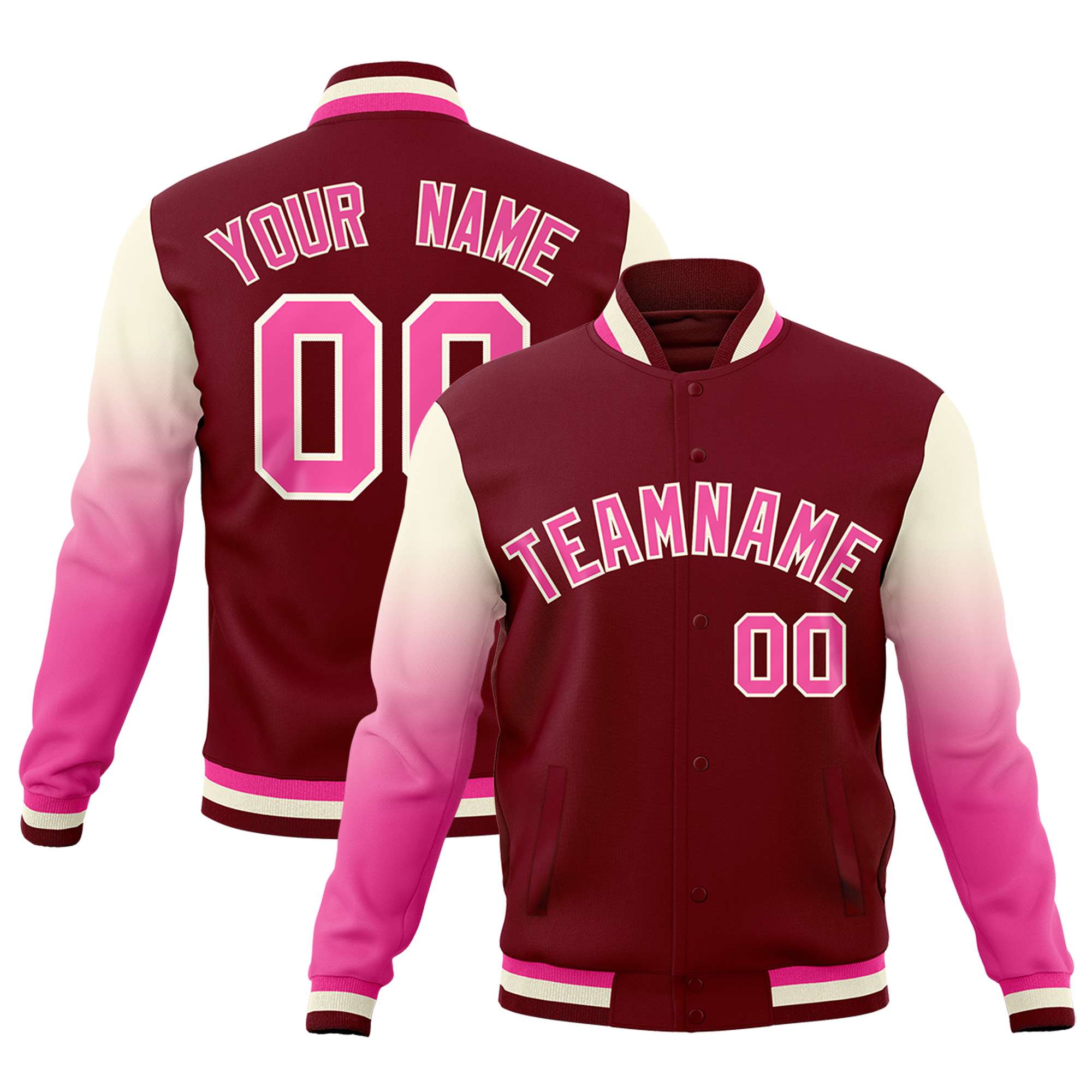Custom Crimson Pink Cream Full-Snap Varsity Raglan Sleeves Gradient Letterman Jacket| KXKSHOP