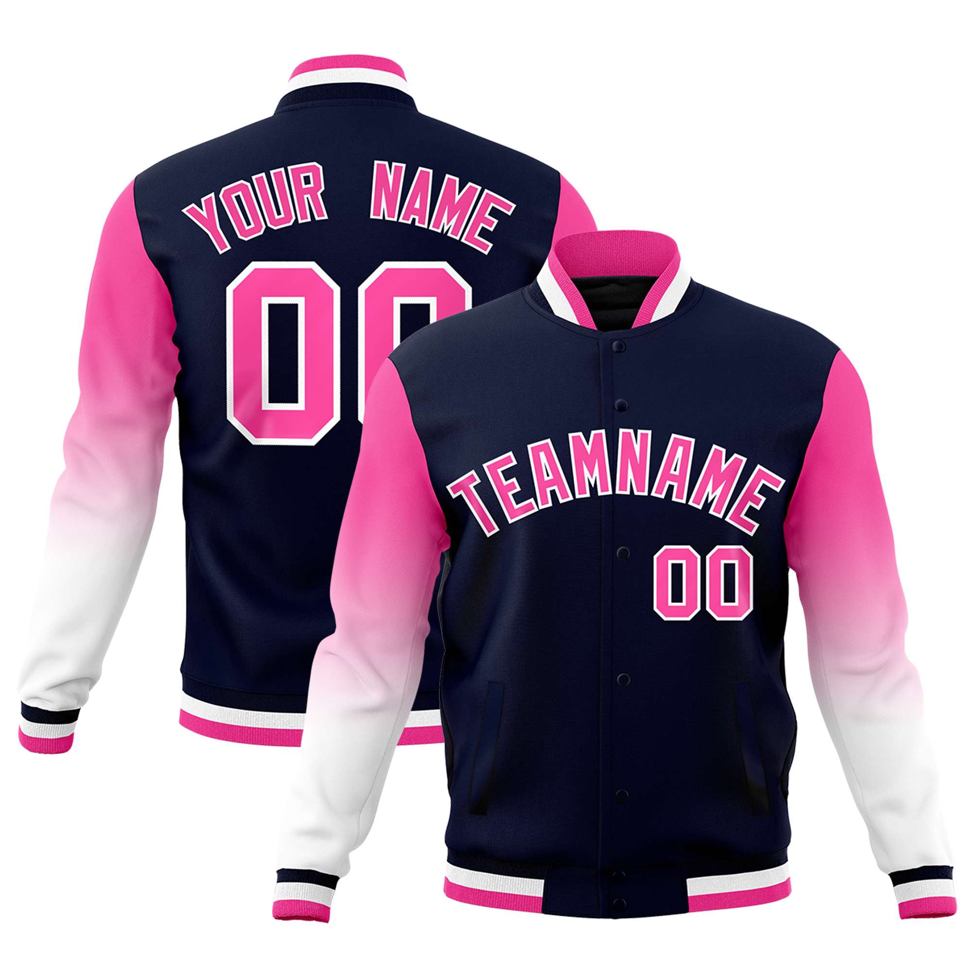 Custom Navy Pink White Full-Snap Varsity Raglan Sleeves Gradient Letterman Jacket| KXKSHOP