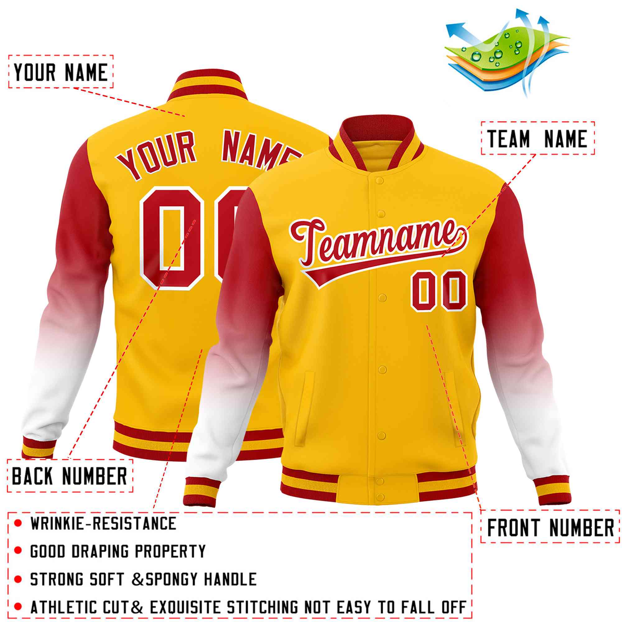 Custom Gold Red White Full-Snap Varsity Raglan Sleeves Gradient Letterman Jacket| KXKSHOP