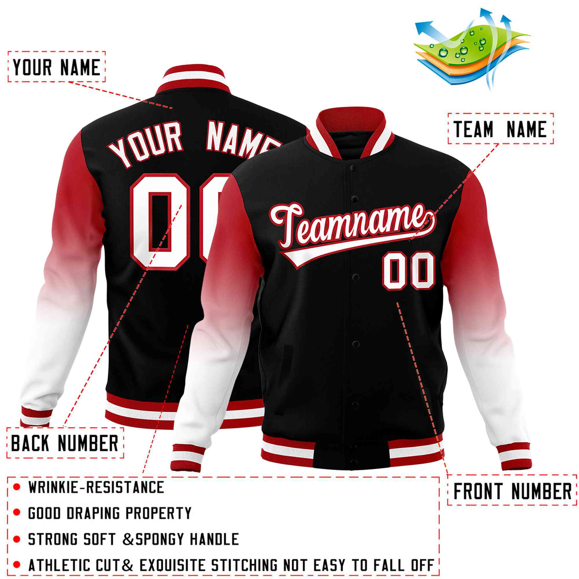 Custom Black White Red Full-Snap Varsity Raglan Sleeves Gradient Letterman Jacket| KXKSHOP