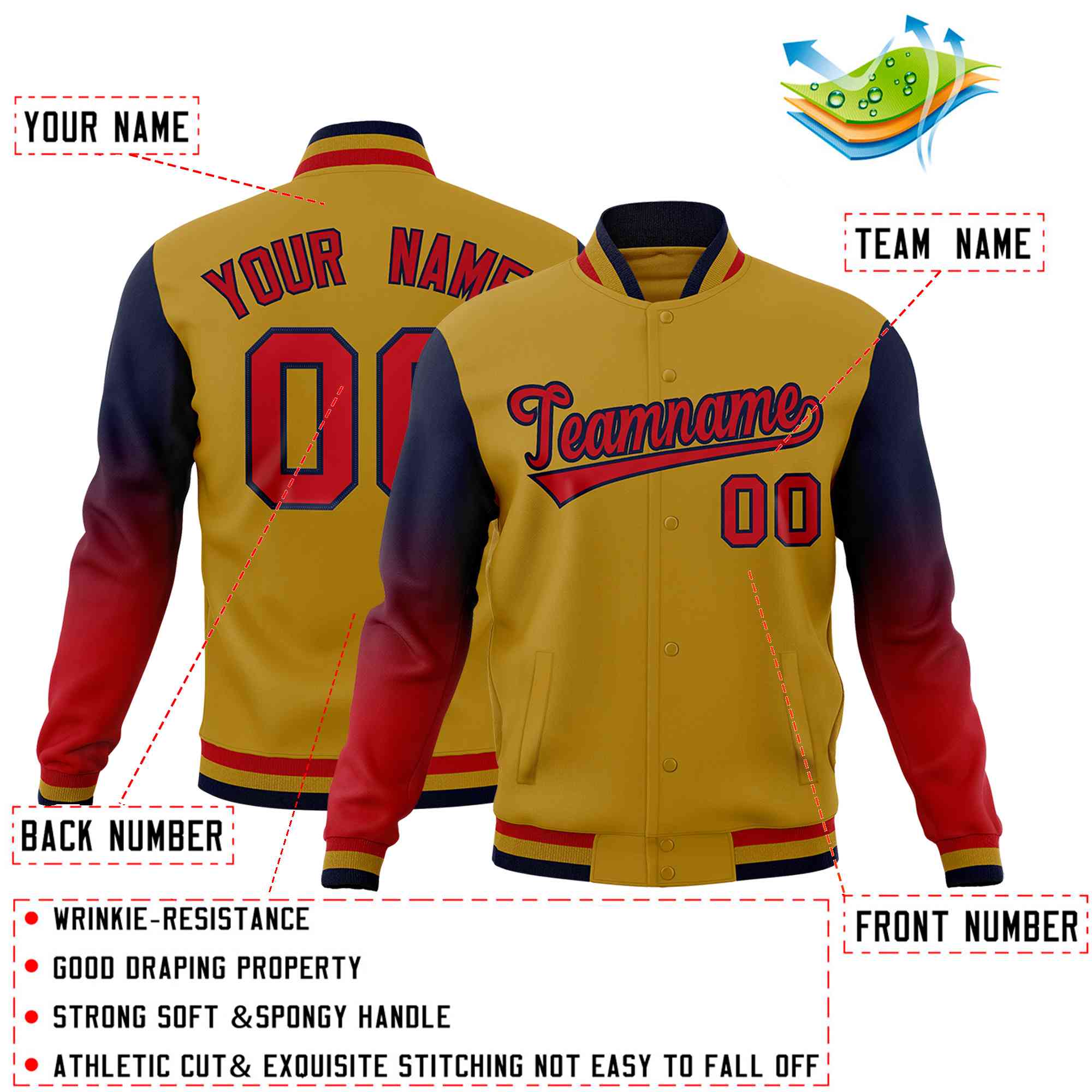 Custom Old Gold Red Navy Full-Snap Varsity Raglan Sleeves Gradient Letterman Jacket| KXKSHOP