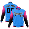 Custom Powder Blue Black White Full-Snap Varsity Raglan Sleeves Gradient Letterman Jacket| KXKSHOP