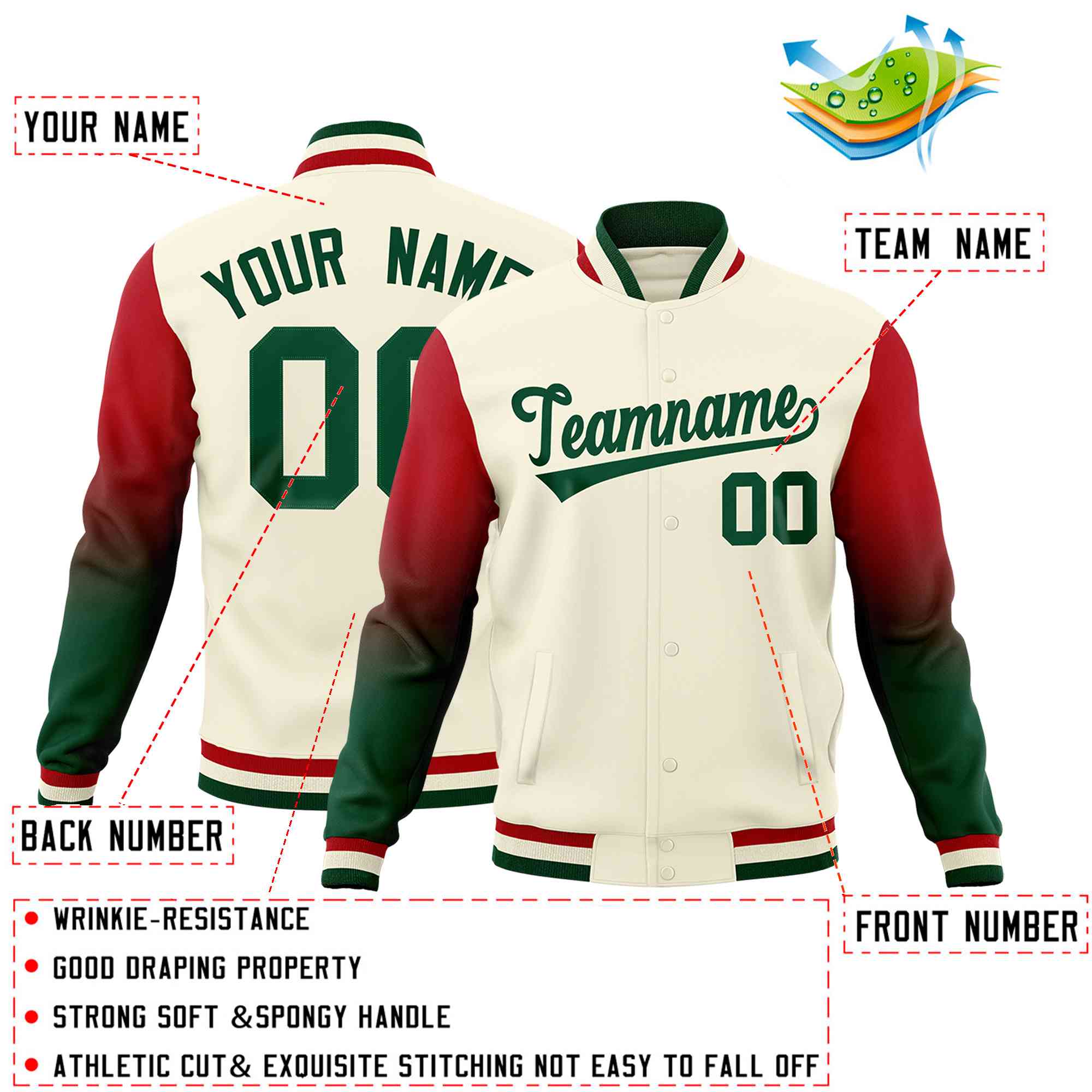 Custom Cream Green Red Full-Snap Varsity Raglan Sleeves Gradient Letterman Jacket| KXKSHOP