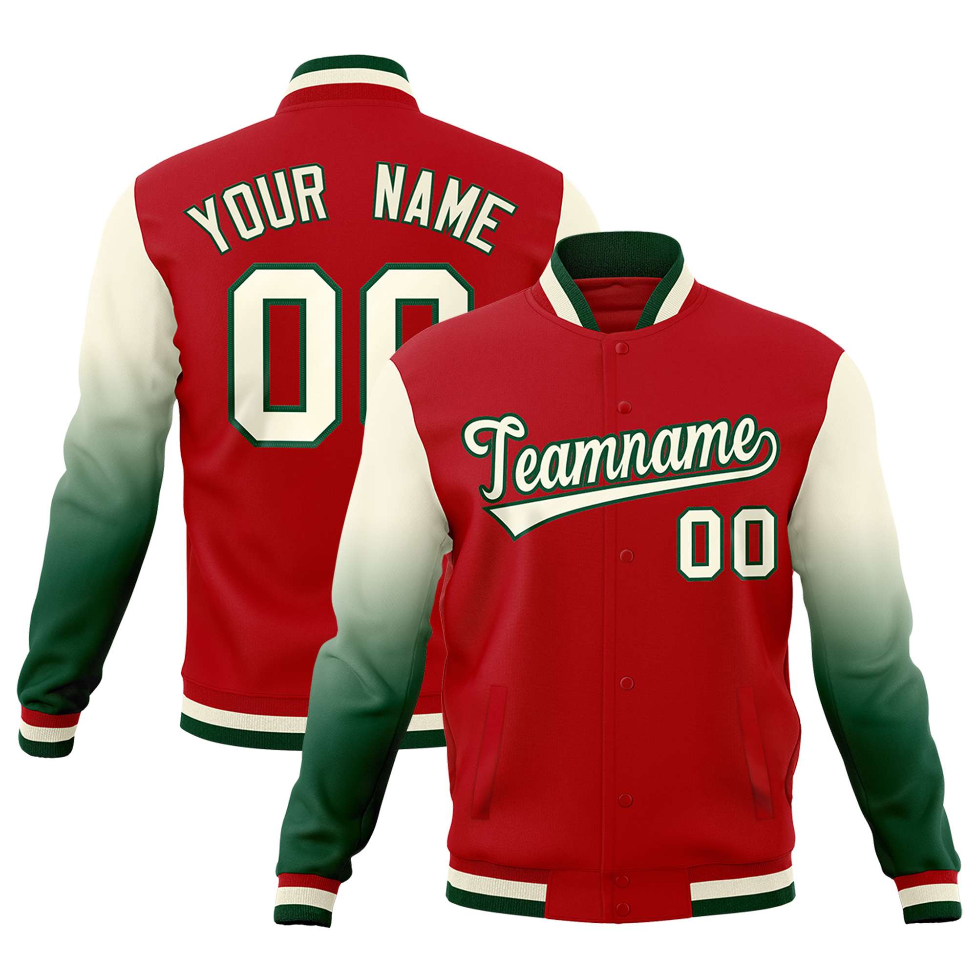 Custom Red Cream Green Full-Snap Varsity Raglan Sleeves Gradient Letterman Jacket| KXKSHOP