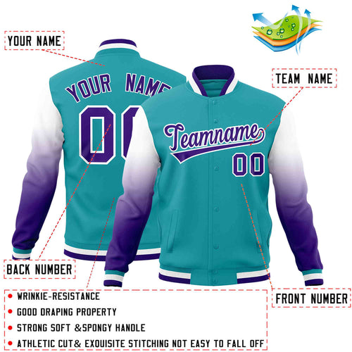 Custom Aqua Purple White Full-Snap Varsity Raglan Sleeves Gradient Letterman Jacket| KXKSHOP