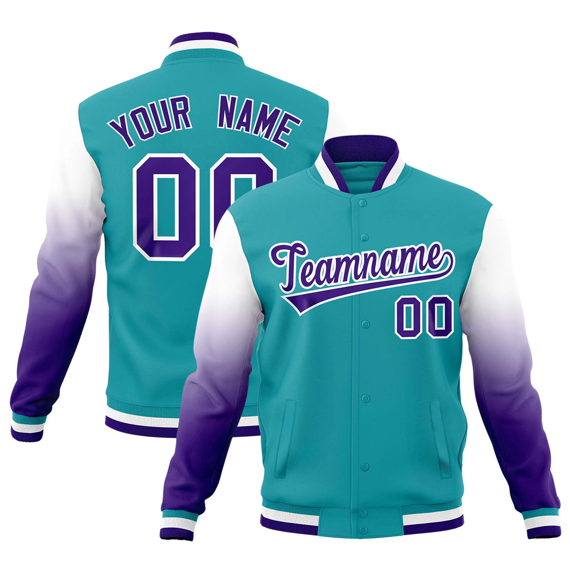 Custom Aqua Purple White Full-Snap Varsity Raglan Sleeves Gradient Letterman Jacket| KXKSHOP