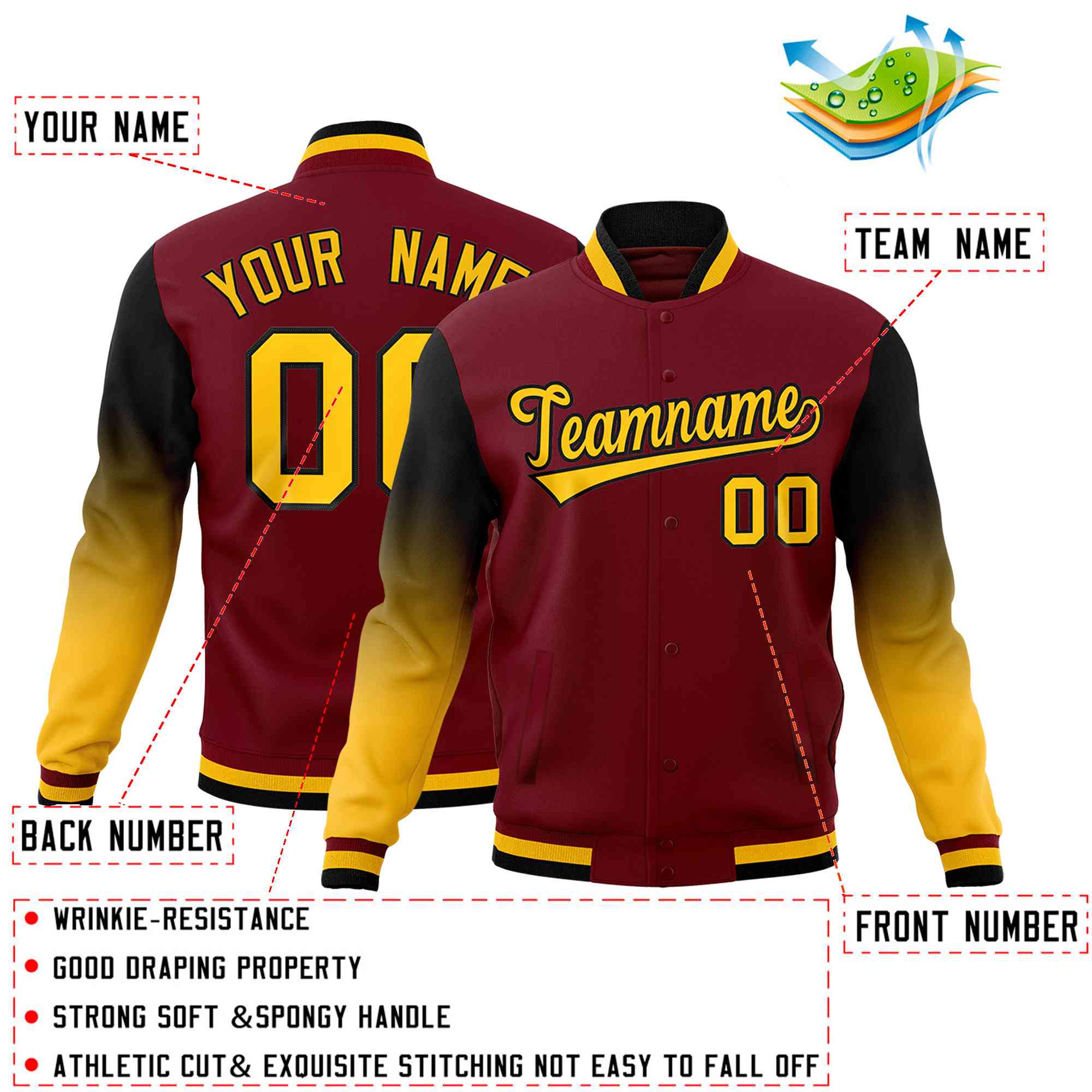Custom Crimson Gold Black Full-Snap Varsity Raglan Sleeves Gradient Letterman Jacket| KXKSHOP