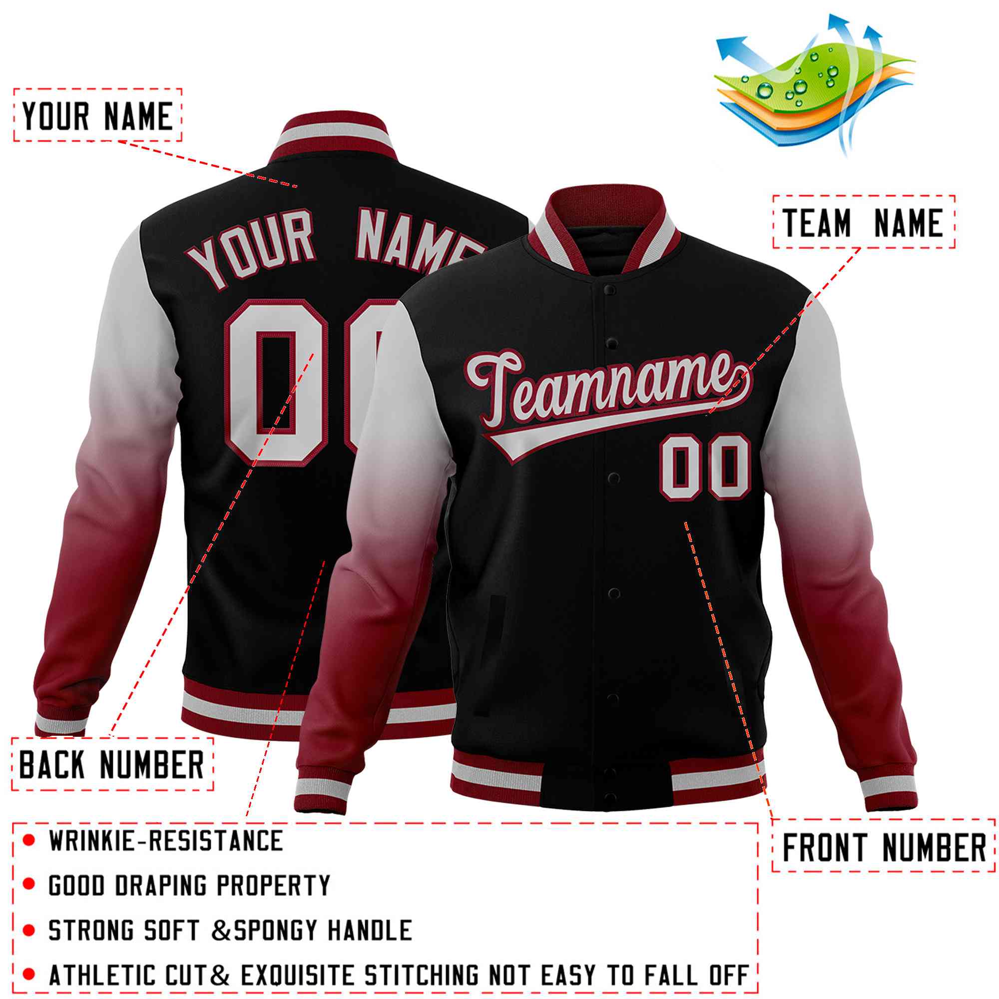 Custom Black Gray Crimson Full-Snap Varsity Raglan Sleeves Gradient Letterman Jacket| KXKSHOP