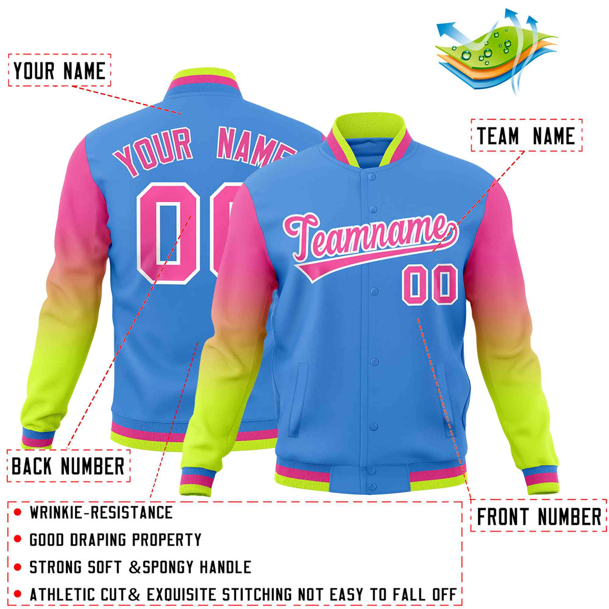 Custom Powder Blue Pink White Full-Snap Varsity Raglan Sleeves Gradient Letterman Jacket| KXKSHOP