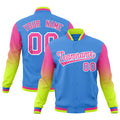 Custom Powder Blue Pink White Full-Snap Varsity Raglan Sleeves Gradient Letterman Jacket| KXKSHOP