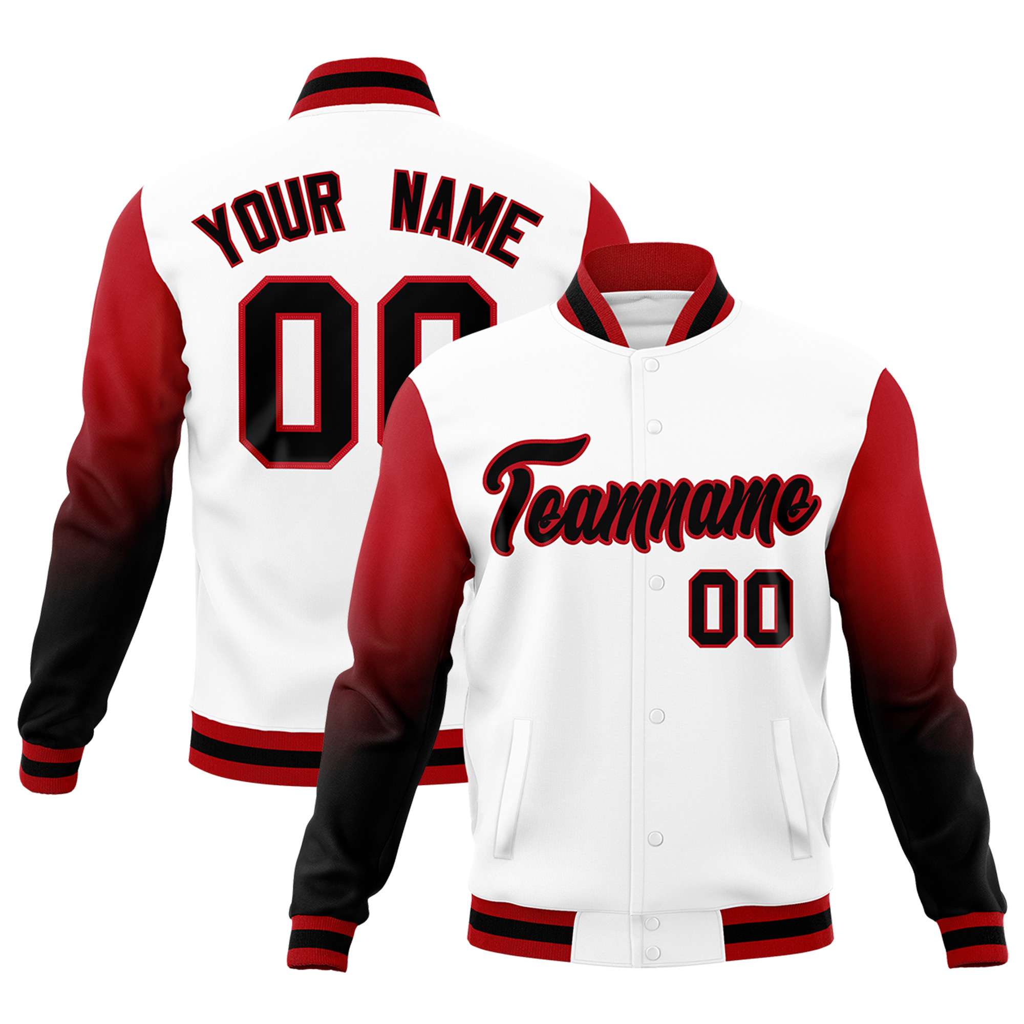 Custom White Black Red Full-Snap Varsity Raglan Sleeves Gradient Letterman Jacket| KXKSHOP