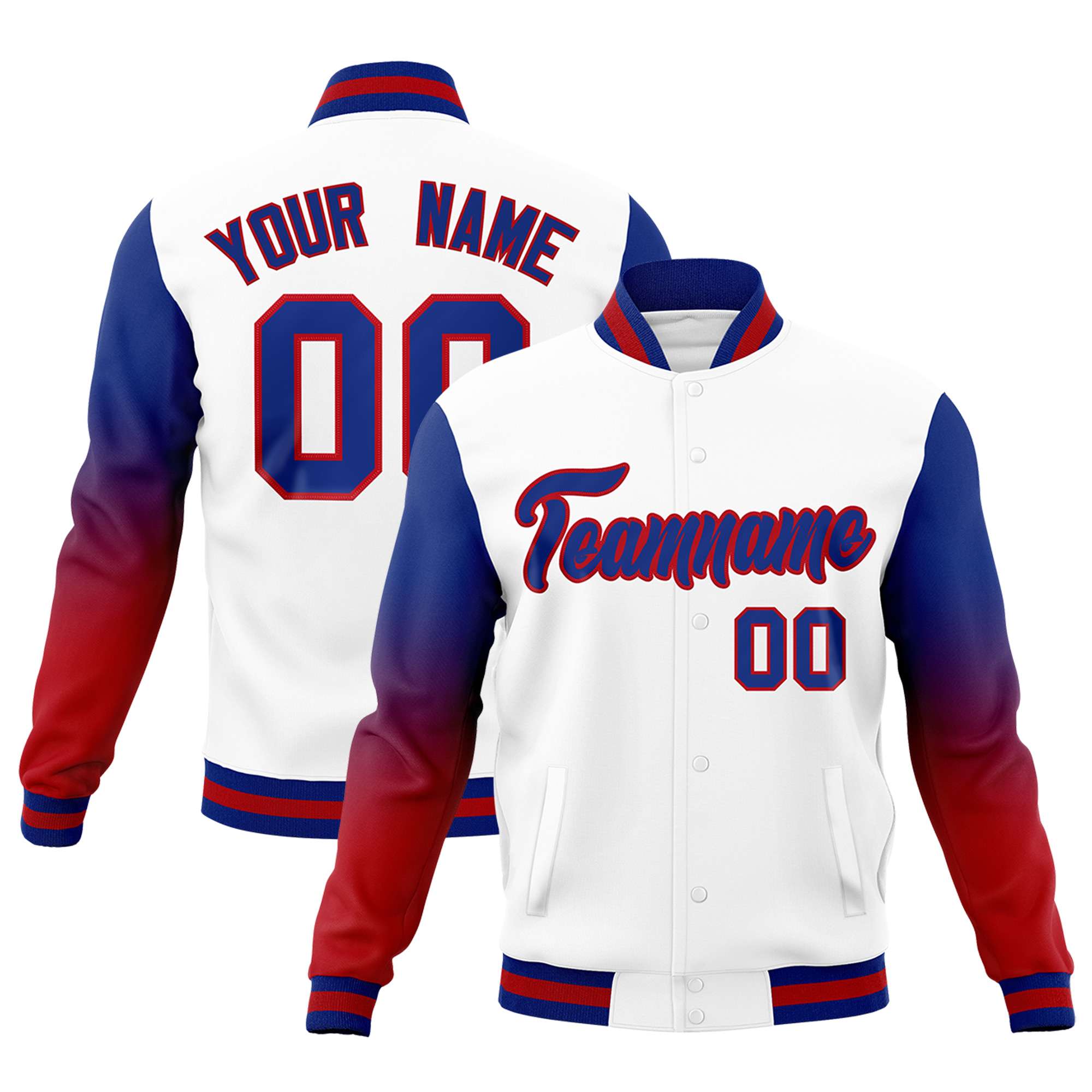 Custom White Royal Blue Red Full-Snap Varsity Raglan Sleeves Gradient Letterman Jacket| KXKSHOP