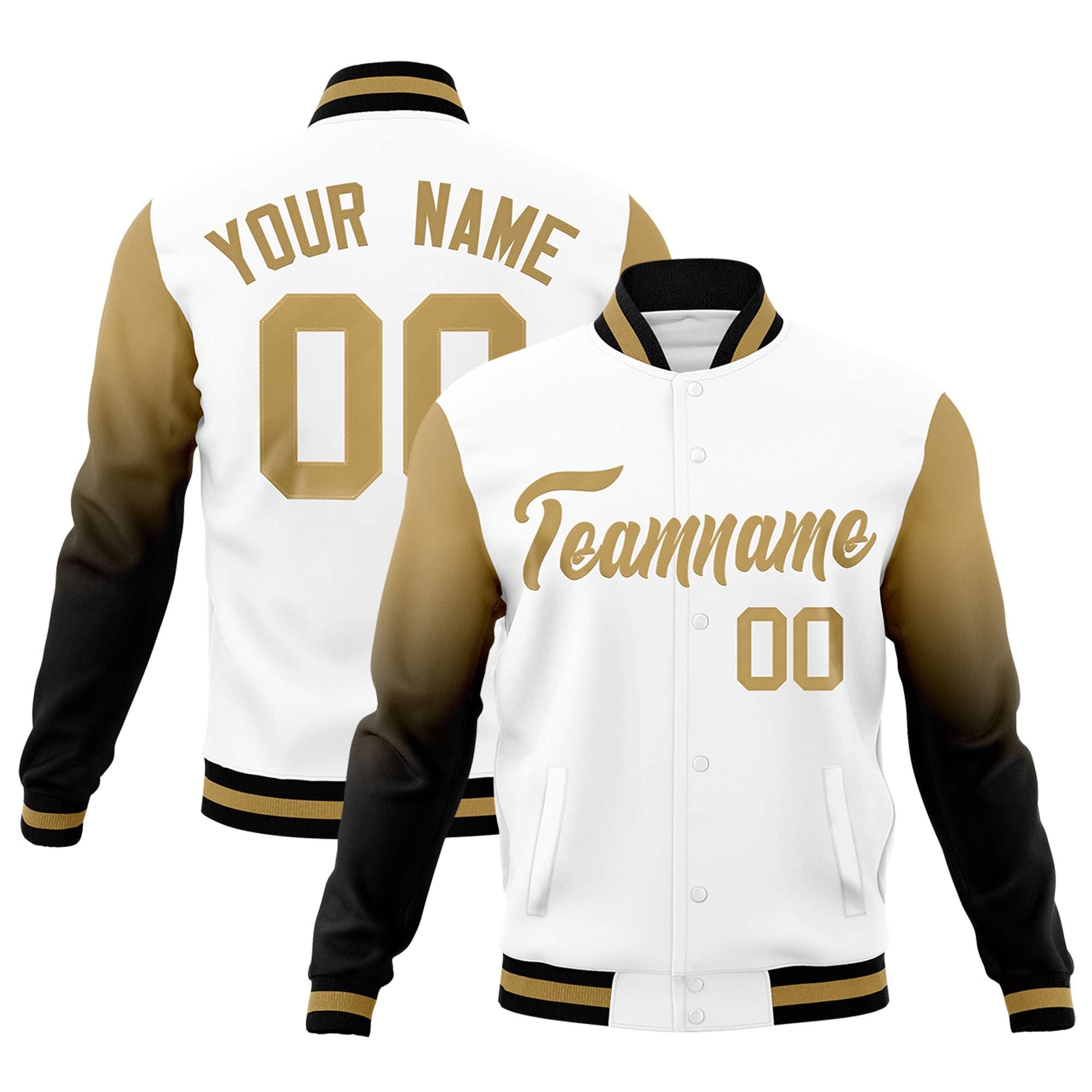 Custom White Black Old Gold Full-Snap Varsity Raglan Sleeves Gradient Letterman Jacket| KXKSHOP