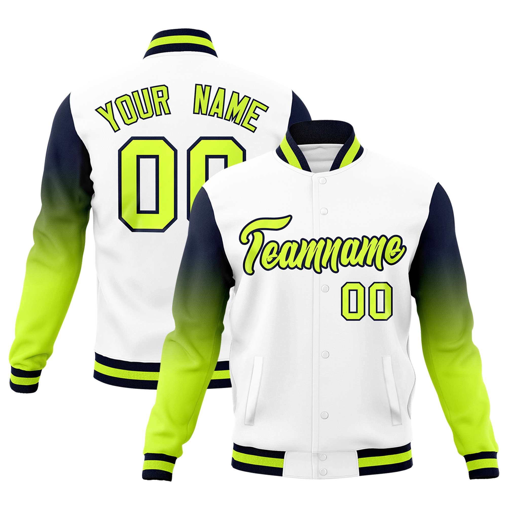 Custom White Neon Green Navy Full-Snap Varsity Raglan Sleeves Gradient Letterman Jacket| KXKSHOP