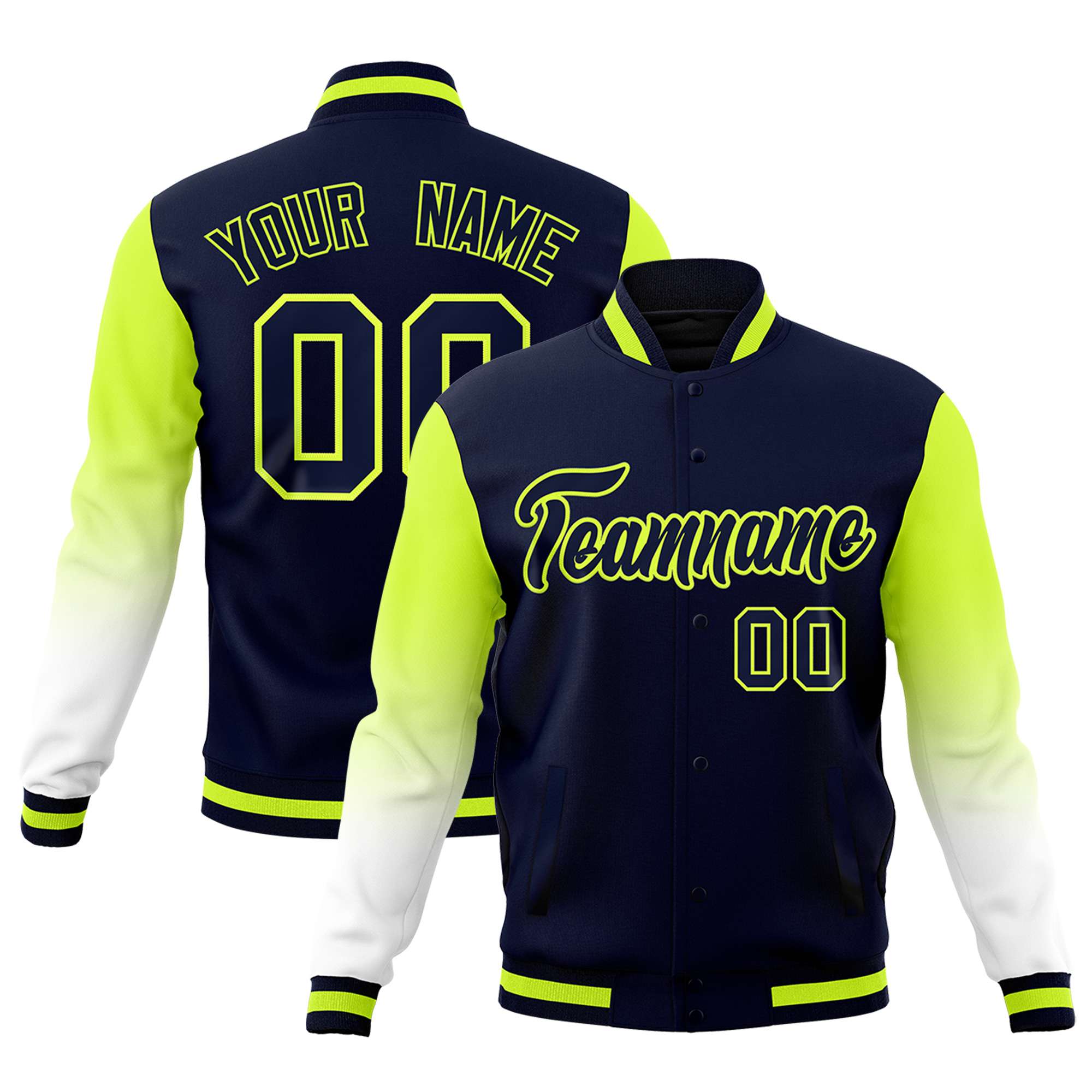 Custom Navy White Neon Green Full-Snap Varsity Raglan Sleeves Gradient Letterman Jacket| KXKSHOP