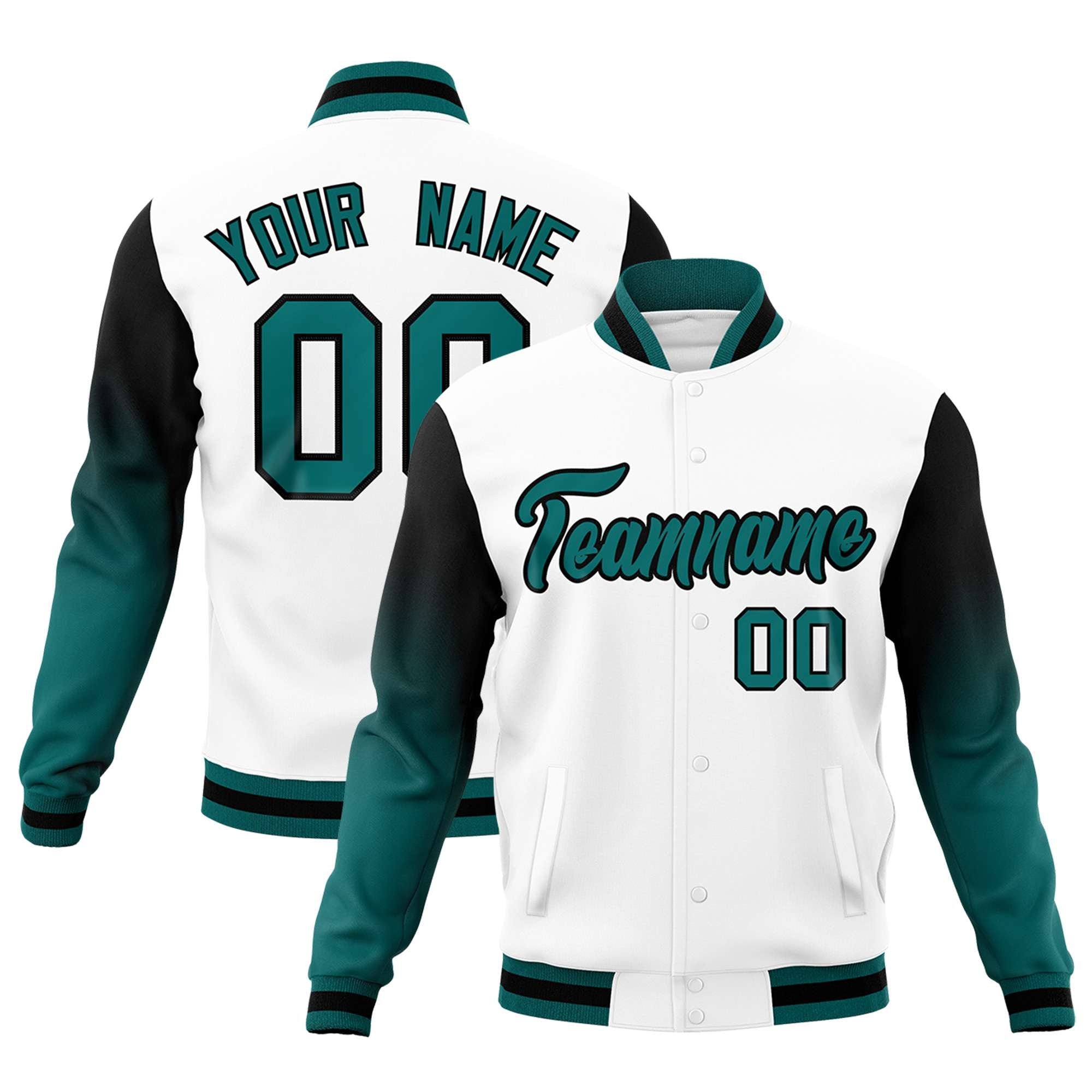 Custom White Teal Black Full-Snap Varsity Raglan Sleeves Gradient Letterman Jacket| KXKSHOP