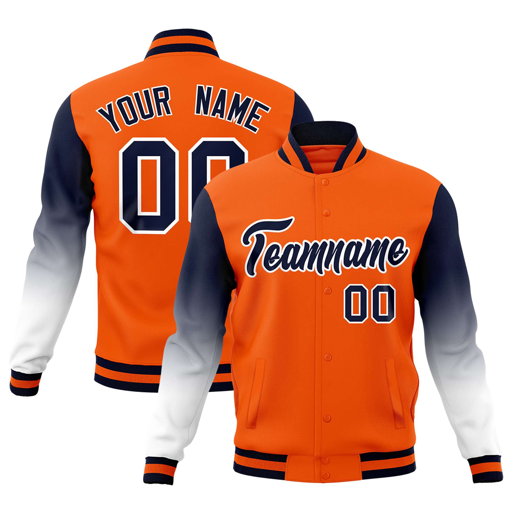 Custom Orange Navy White Full-Snap Varsity Raglan Sleeves Gradient Letterman Jacket| KXKSHOP