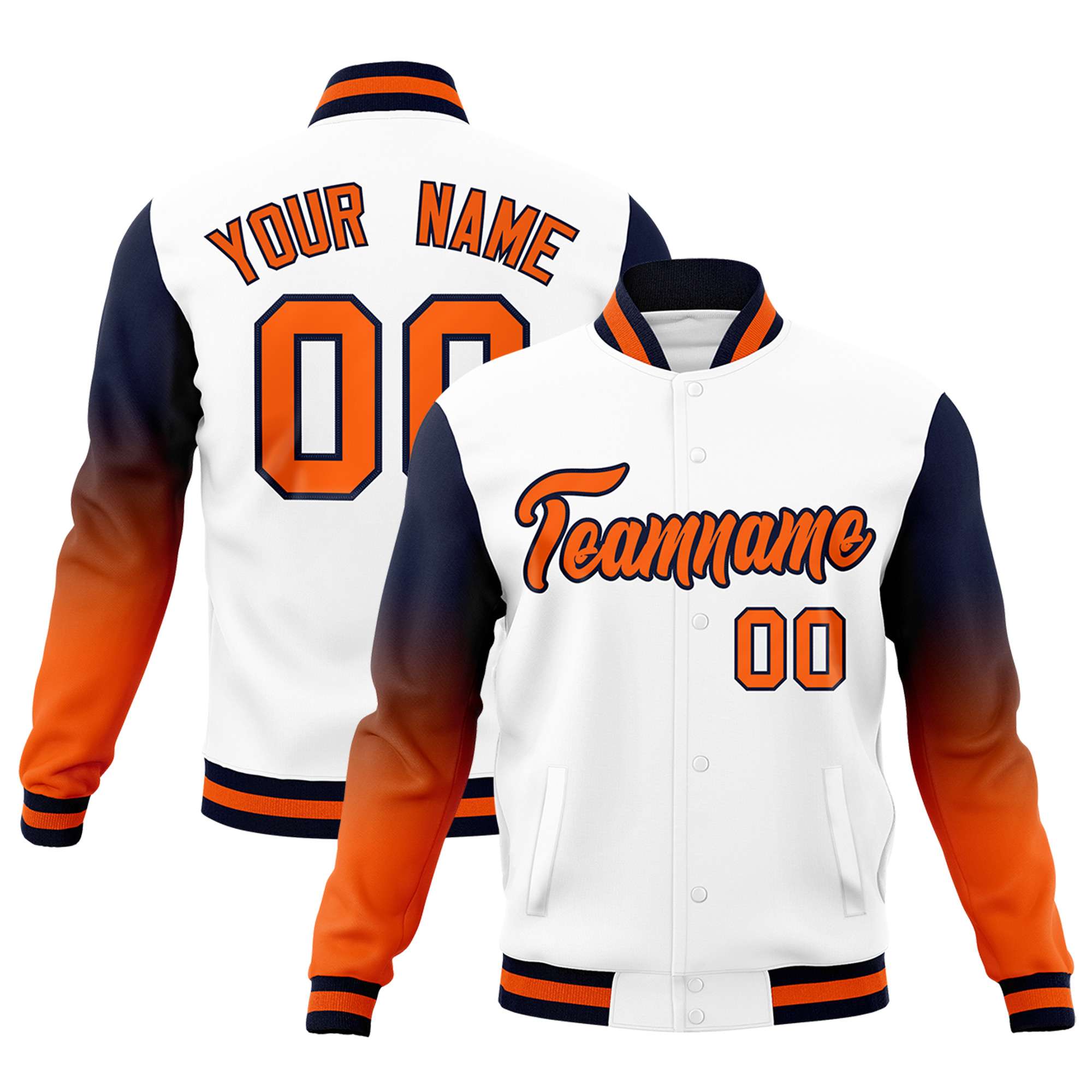 Custom White Orange Navy Full-Snap Varsity Raglan Sleeves Gradient Letterman Jacket| KXKSHOP