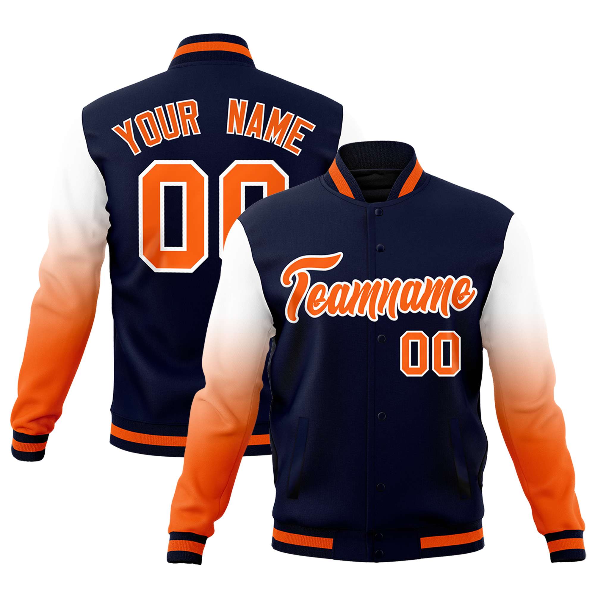 Custom Navy Orange White Full-Snap Varsity Raglan Sleeves Gradient Letterman Jacket| KXKSHOP