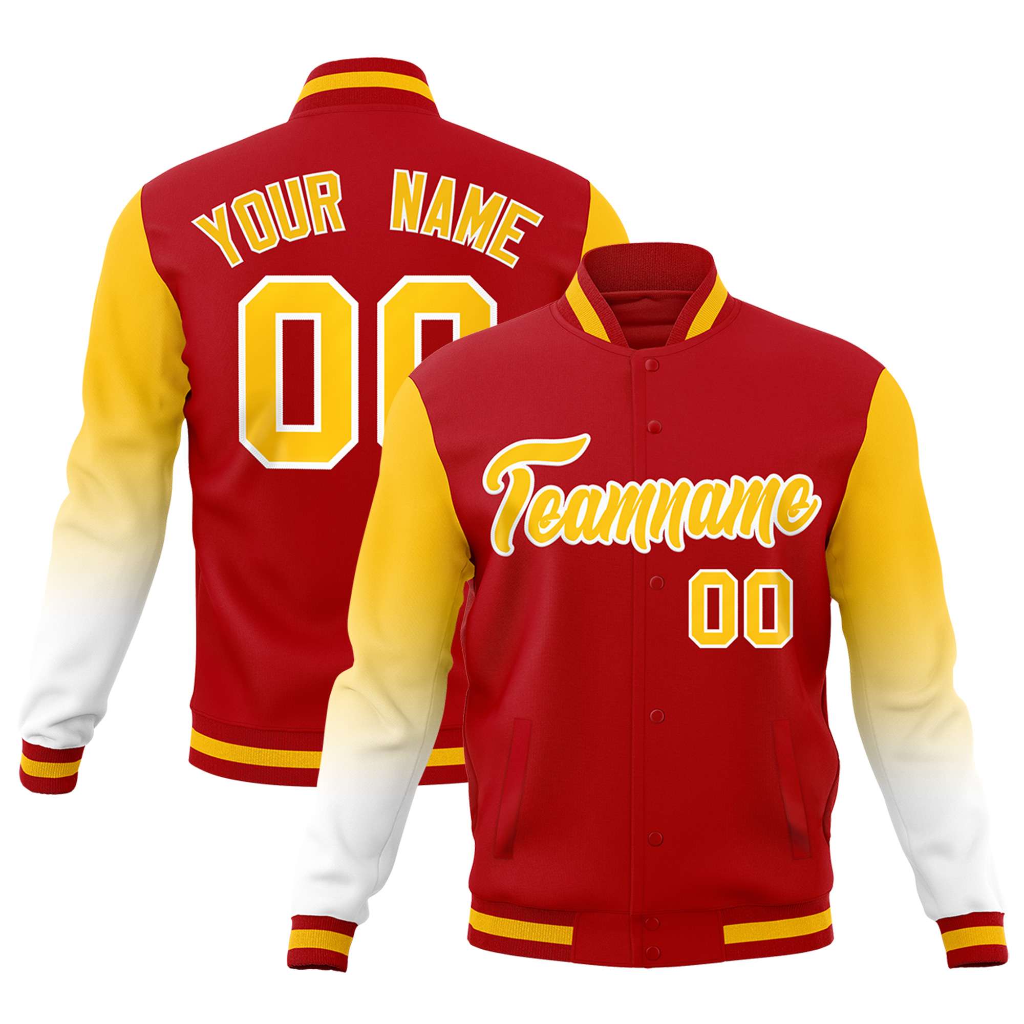 Custom Red Gold White Full-Snap Varsity Raglan Sleeves Gradient Letterman Jacket| KXKSHOP