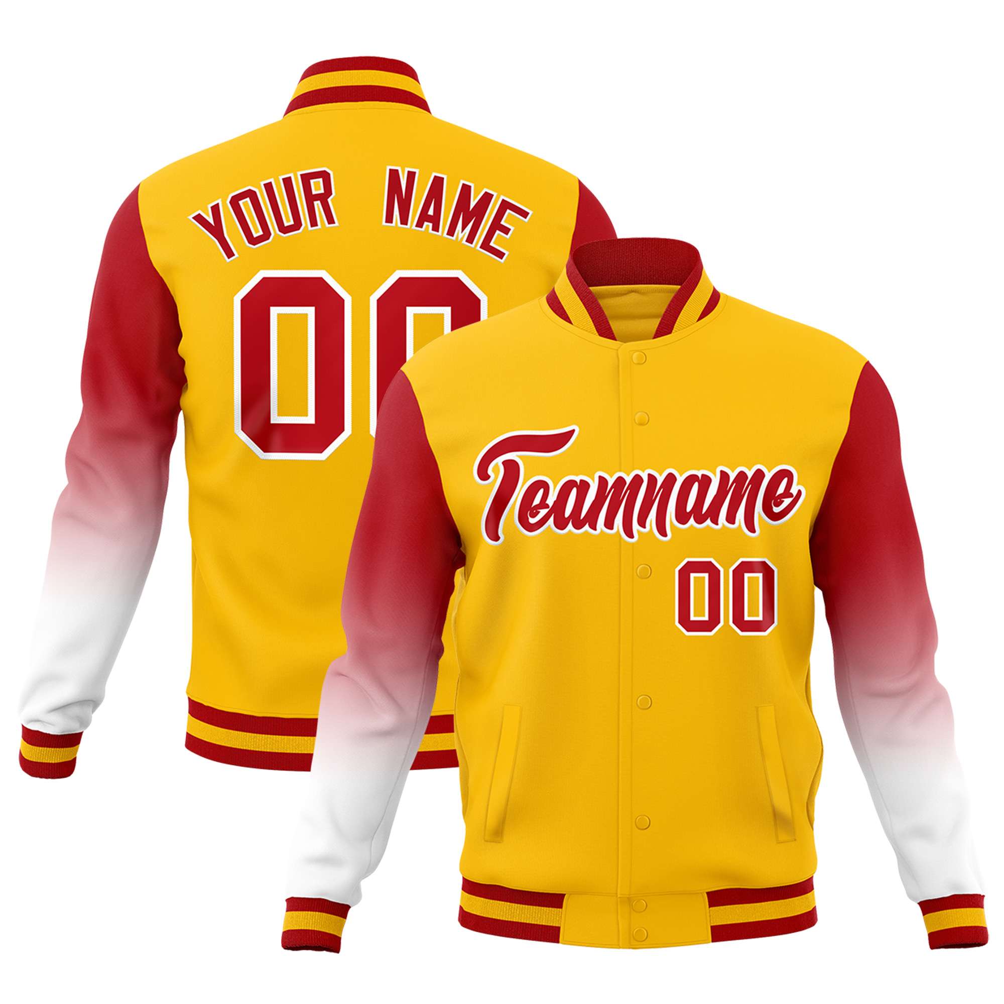 Custom Gold Red White Full-Snap Varsity Raglan Sleeves Gradient Letterman Jacket| KXKSHOP