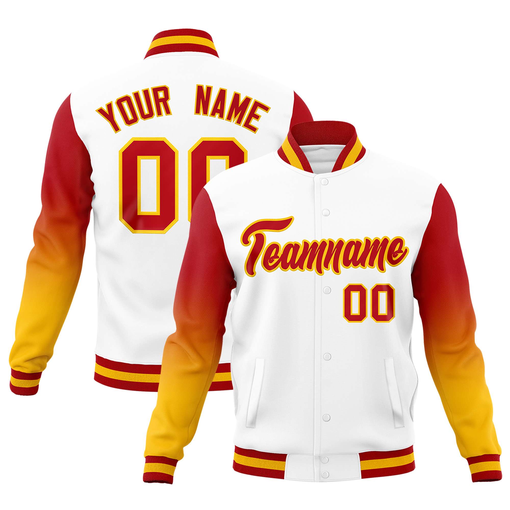Custom White Red Gold Full-Snap Varsity Raglan Sleeves Gradient Letterman Jacket| KXKSHOP