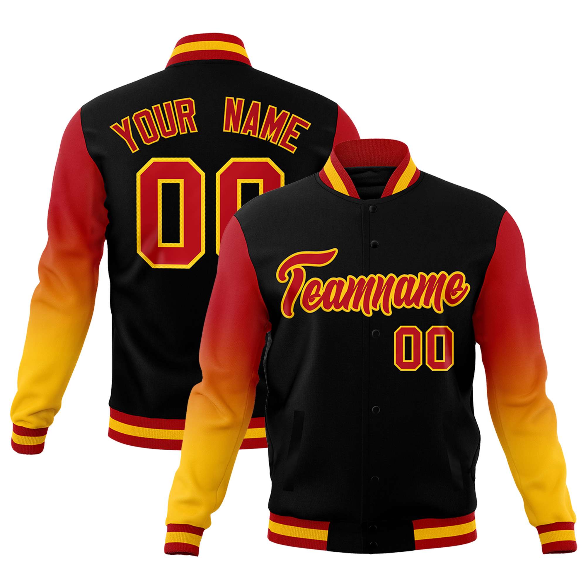Custom Black Red Gold Full-Snap Varsity Raglan Sleeves Gradient Letterman Jacket| KXKSHOP