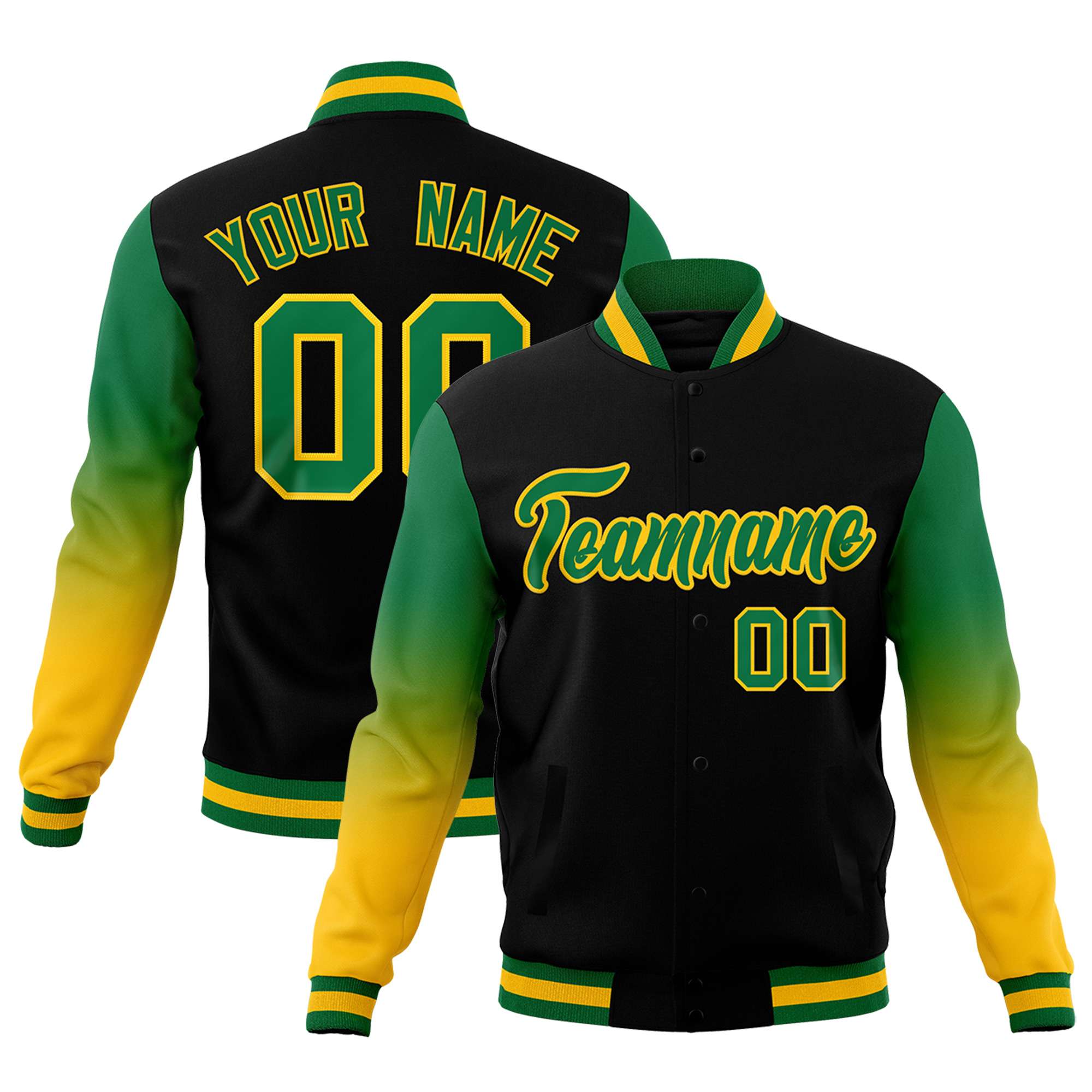 Custom Black Kelly Green Gold Full-Snap Varsity Raglan Sleeves Gradient Letterman Jacket| KXKSHOP