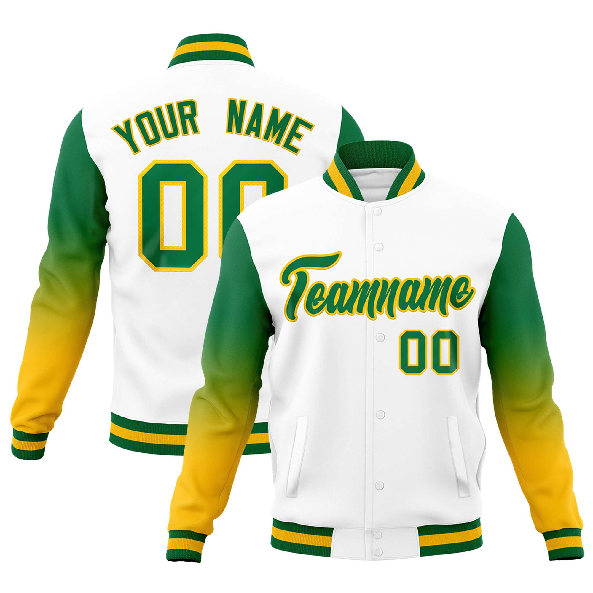 Custom White Kelly Green Gold Full-Snap Varsity Raglan Sleeves Gradient Letterman Jacket| KXKSHOP