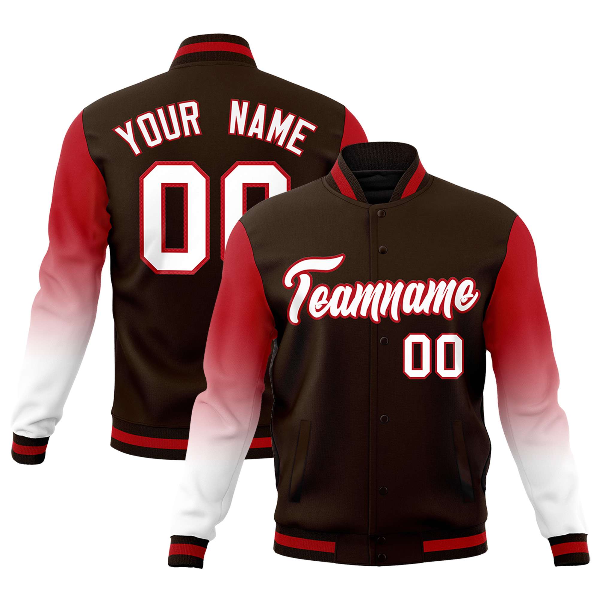 Custom Brown White Red Full-Snap Varsity Raglan Sleeves Gradient Letterman Jacket| KXKSHOP