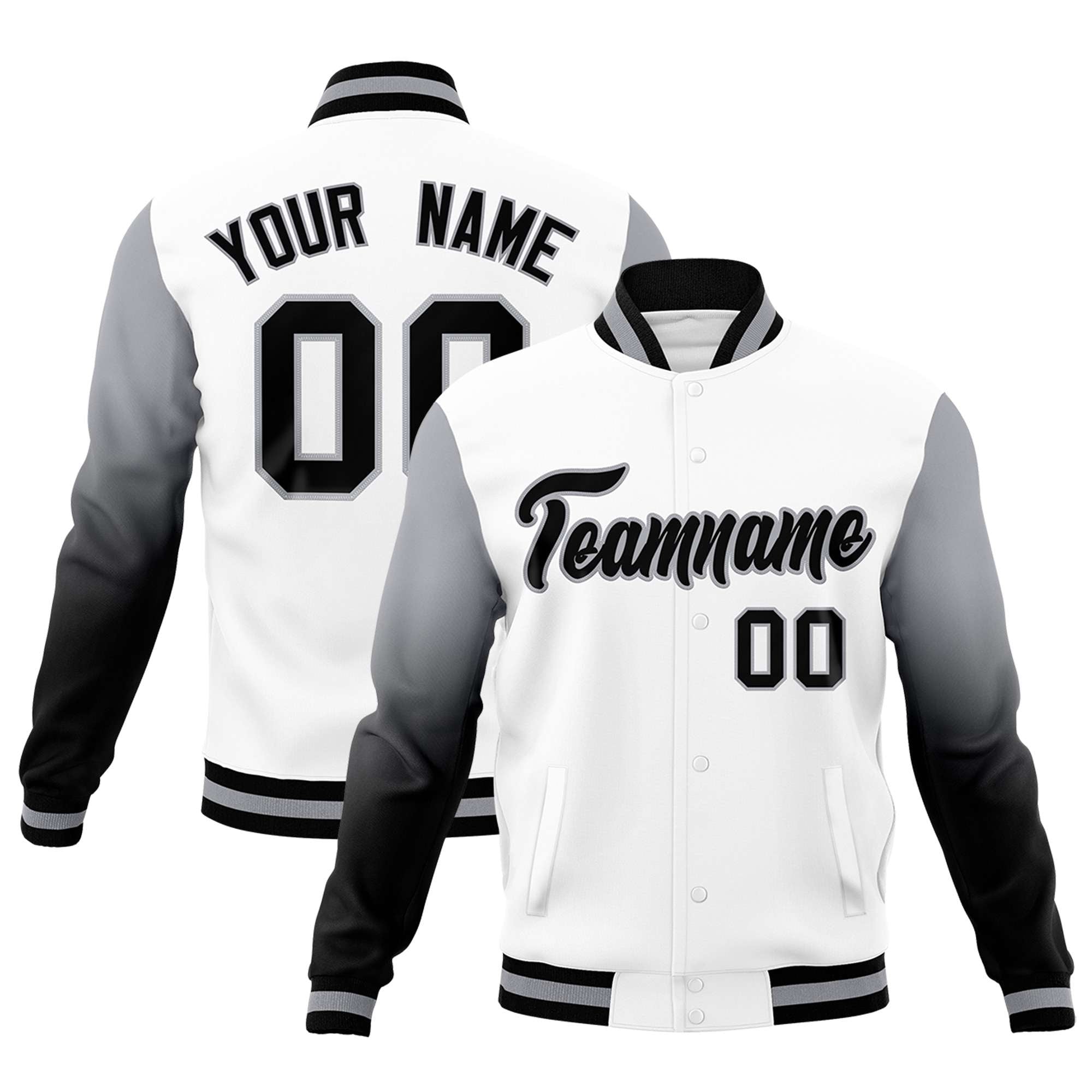 Custom White Black Gray Full-Snap Varsity Raglan Sleeves Gradient Letterman Jacket| KXKSHOP