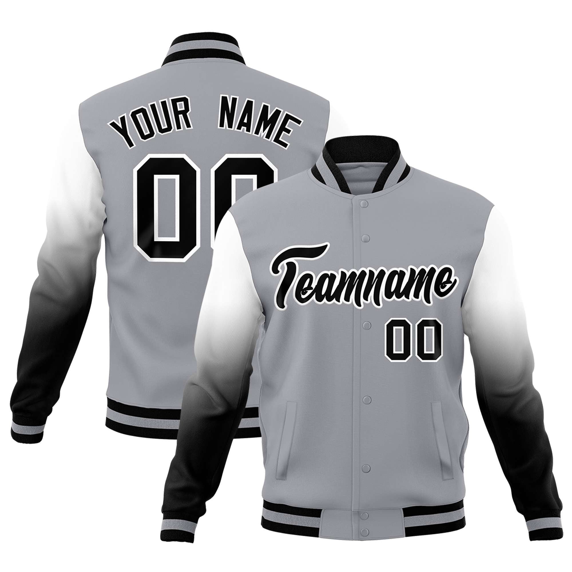 Custom Gray Black White Full-Snap Varsity Raglan Sleeves Gradient Letterman Jacket| KXKSHOP