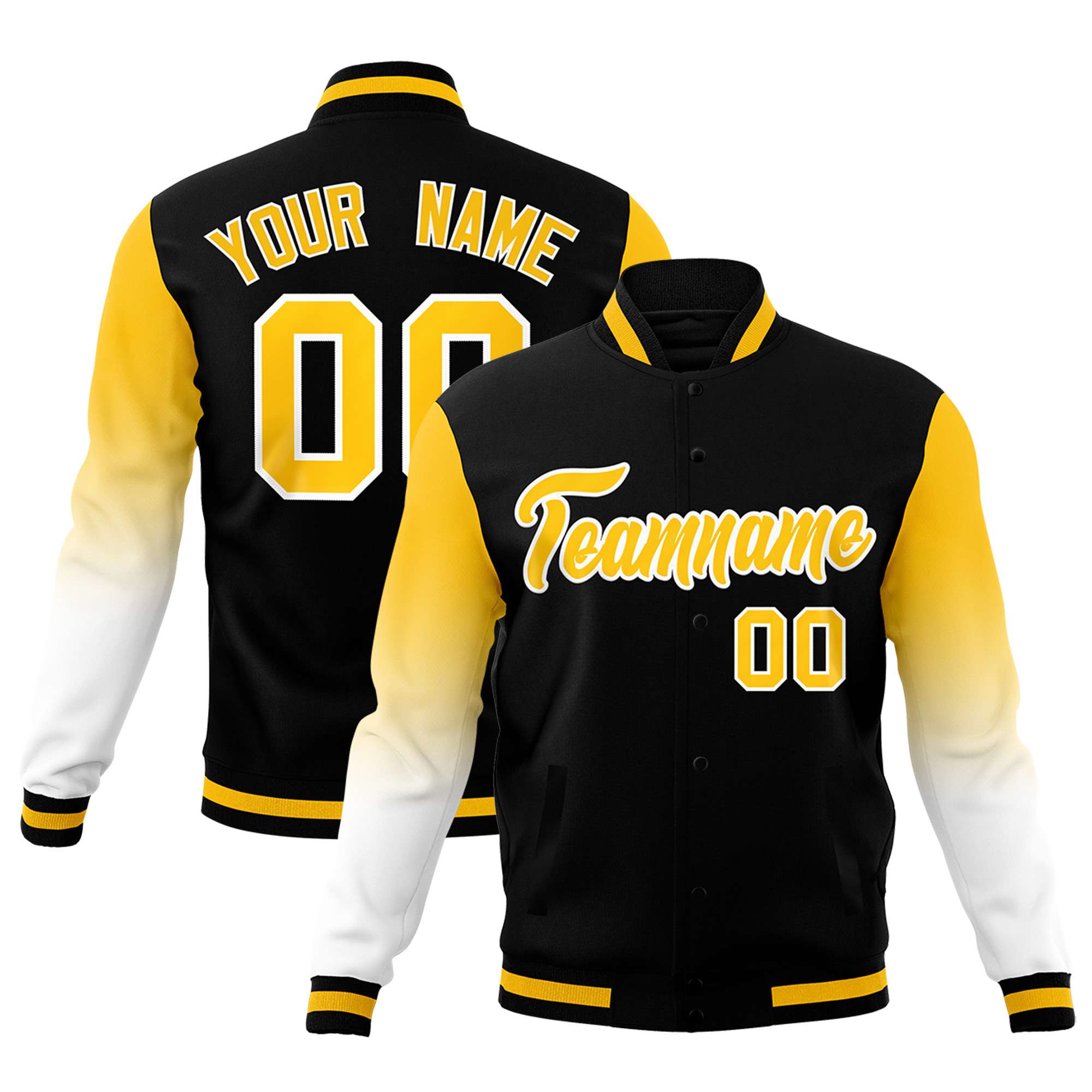 Custom Black Gold White Full-Snap Varsity Raglan Sleeves Gradient Letterman Jacket| KXKSHOP