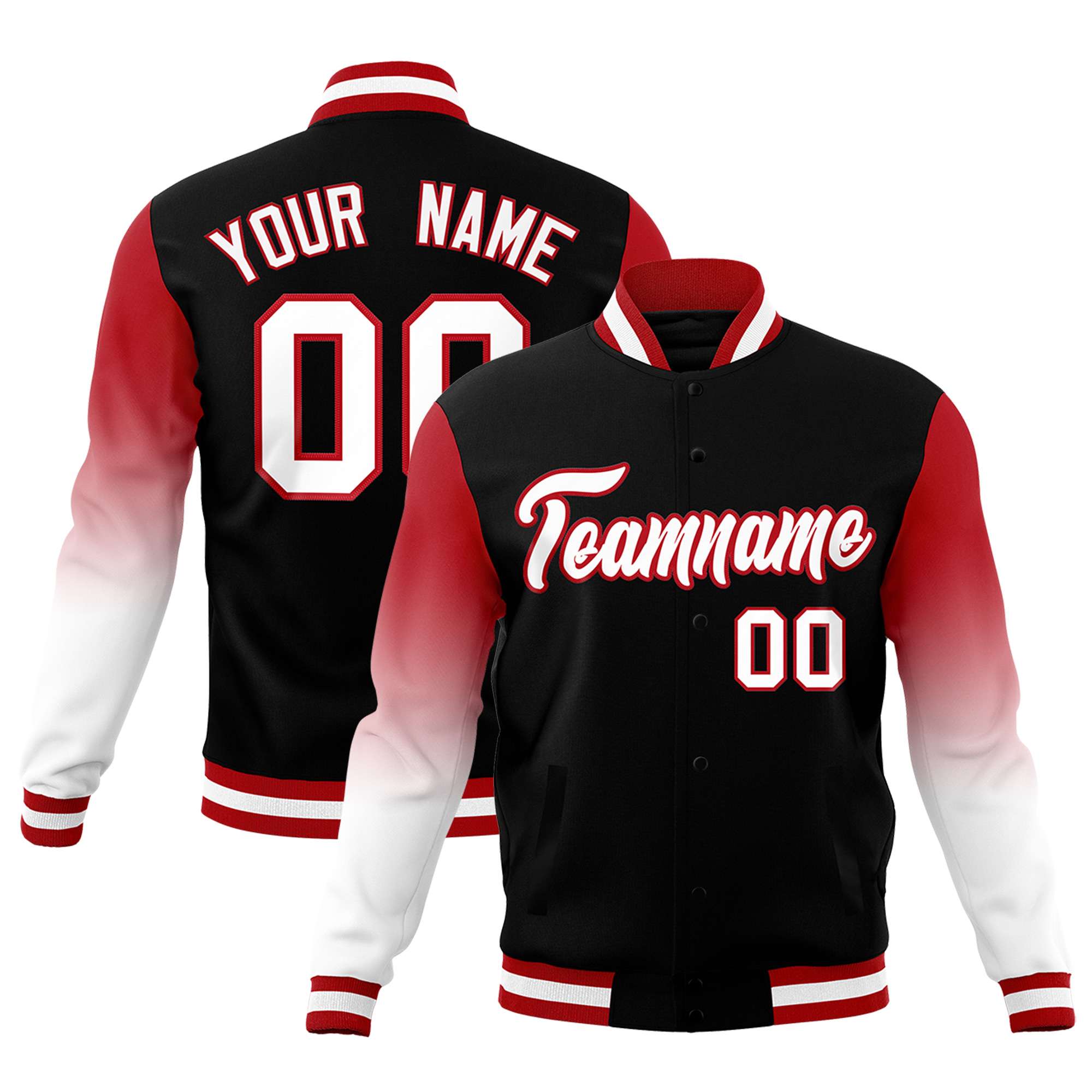 Custom Black White Red Full-Snap Varsity Raglan Sleeves Gradient Letterman Jacket| KXKSHOP