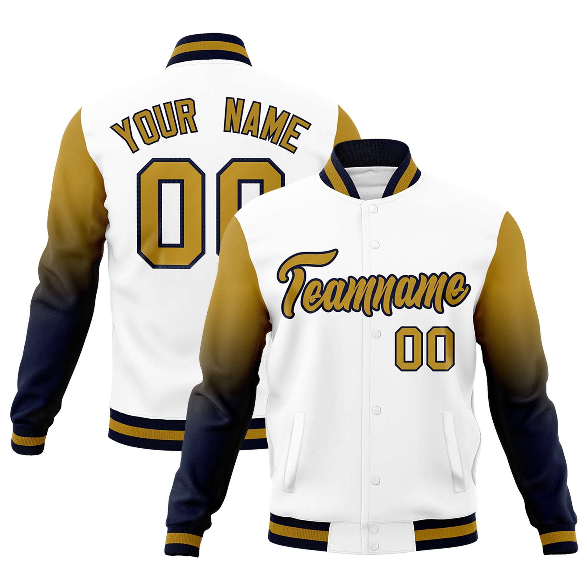 Custom White Old Gold Navy Full-Snap Varsity Raglan Sleeves Gradient Letterman Jacket| KXKSHOP