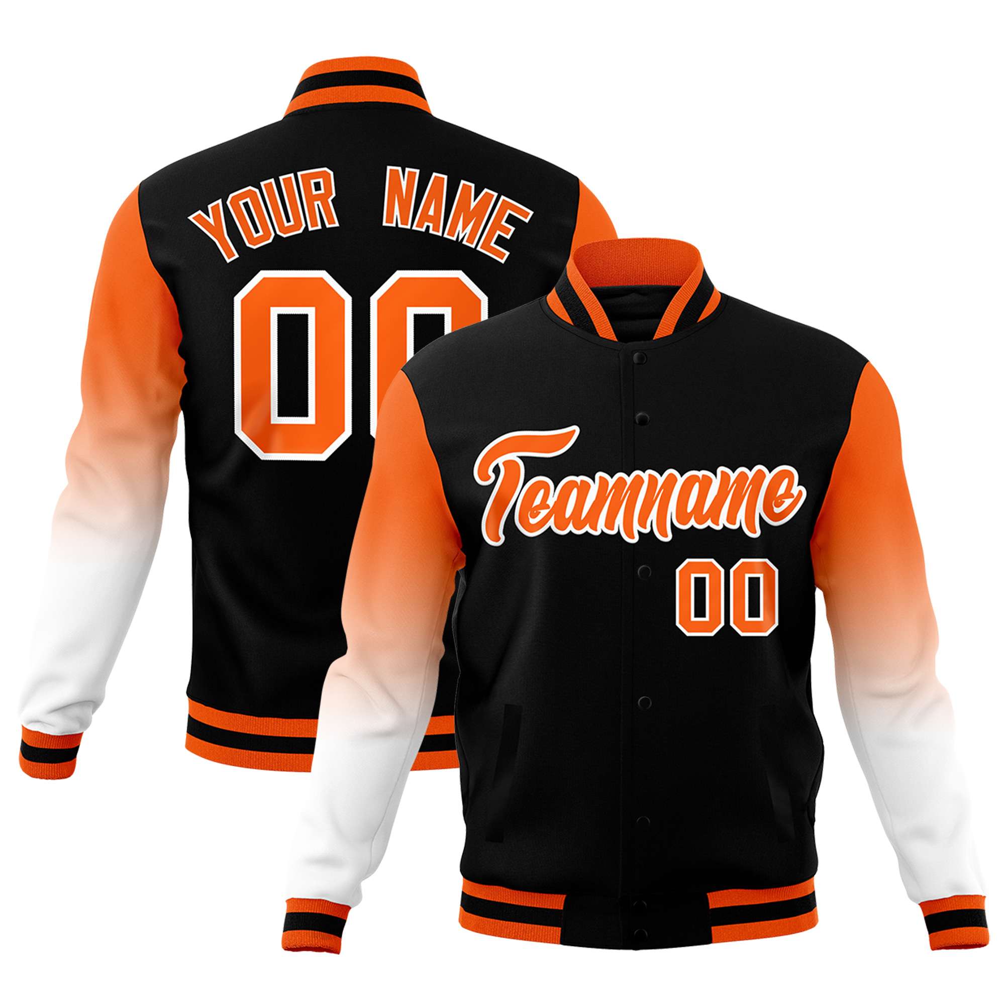 Custom Black Orange White Full-Snap Varsity Raglan Sleeves Gradient Letterman Jacket| KXKSHOP