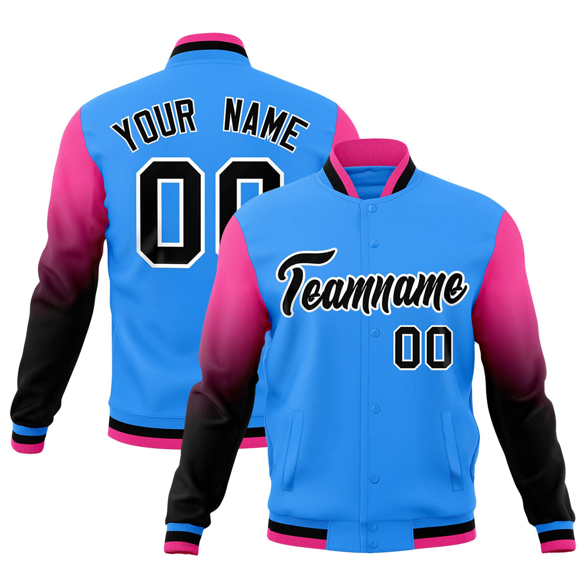 Custom Powder Blue Black White Full-Snap Varsity Raglan Sleeves Gradient Letterman Jacket| KXKSHOP
