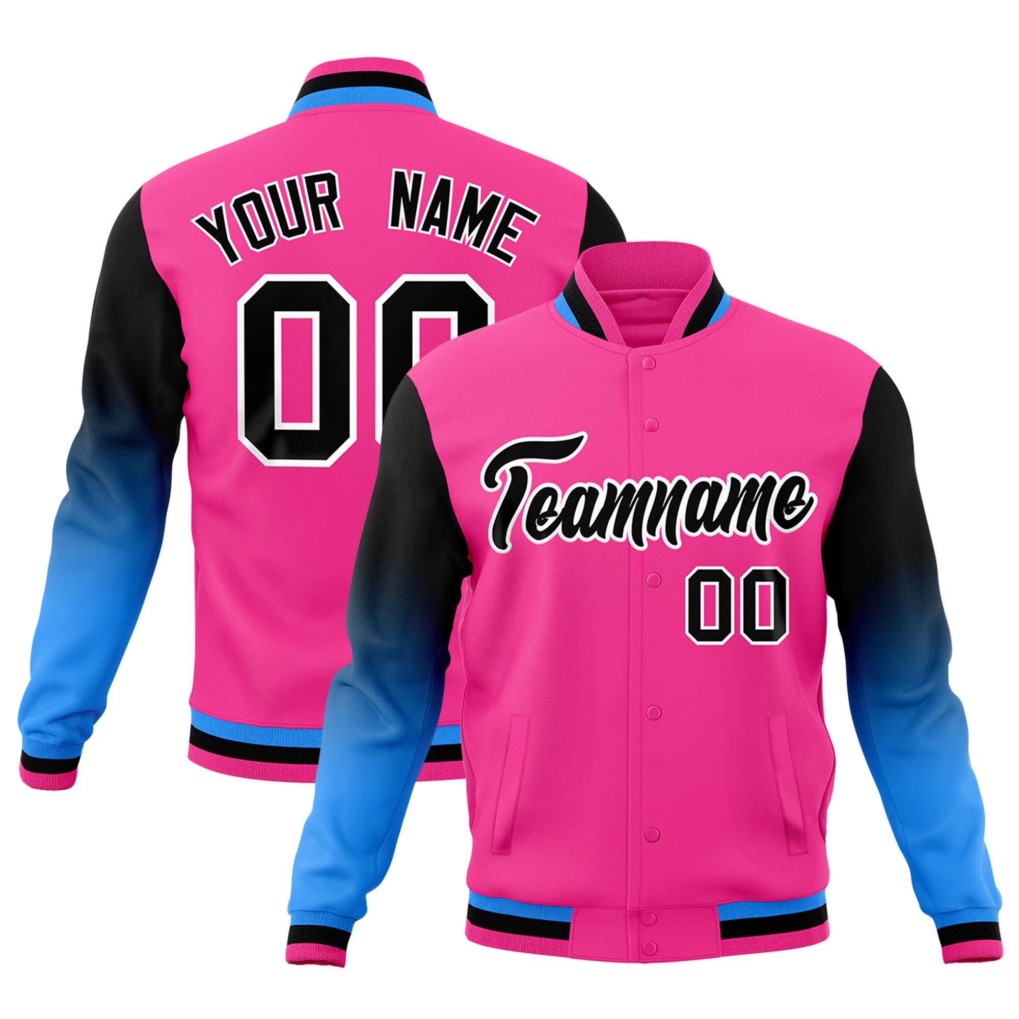 Custom Pink Black White Full-Snap Varsity Raglan Sleeves Gradient Letterman Jacket| KXKSHOP