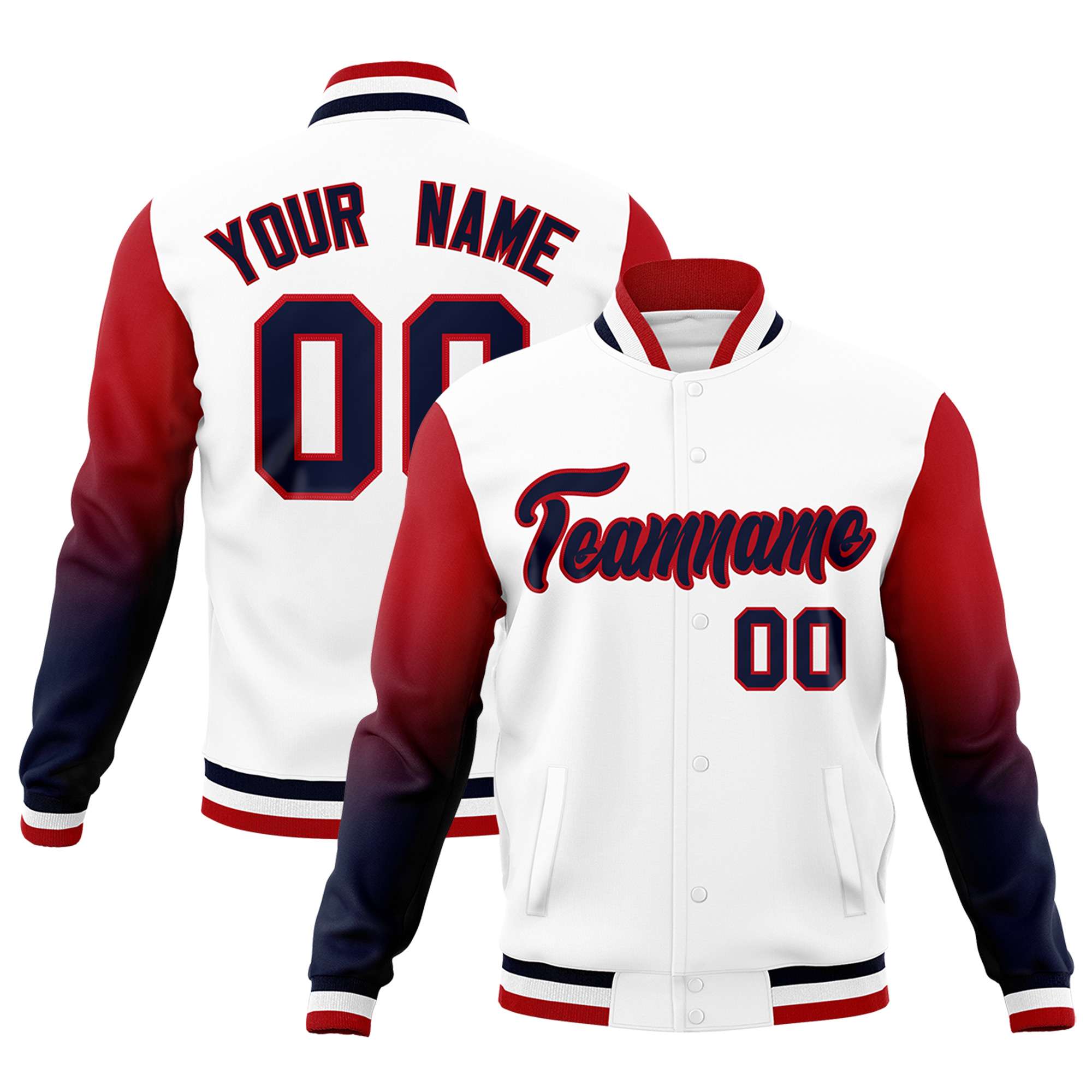 Custom White Navy Red Full-Snap Varsity Raglan Sleeves Gradient Letterman Jacket| KXKSHOP