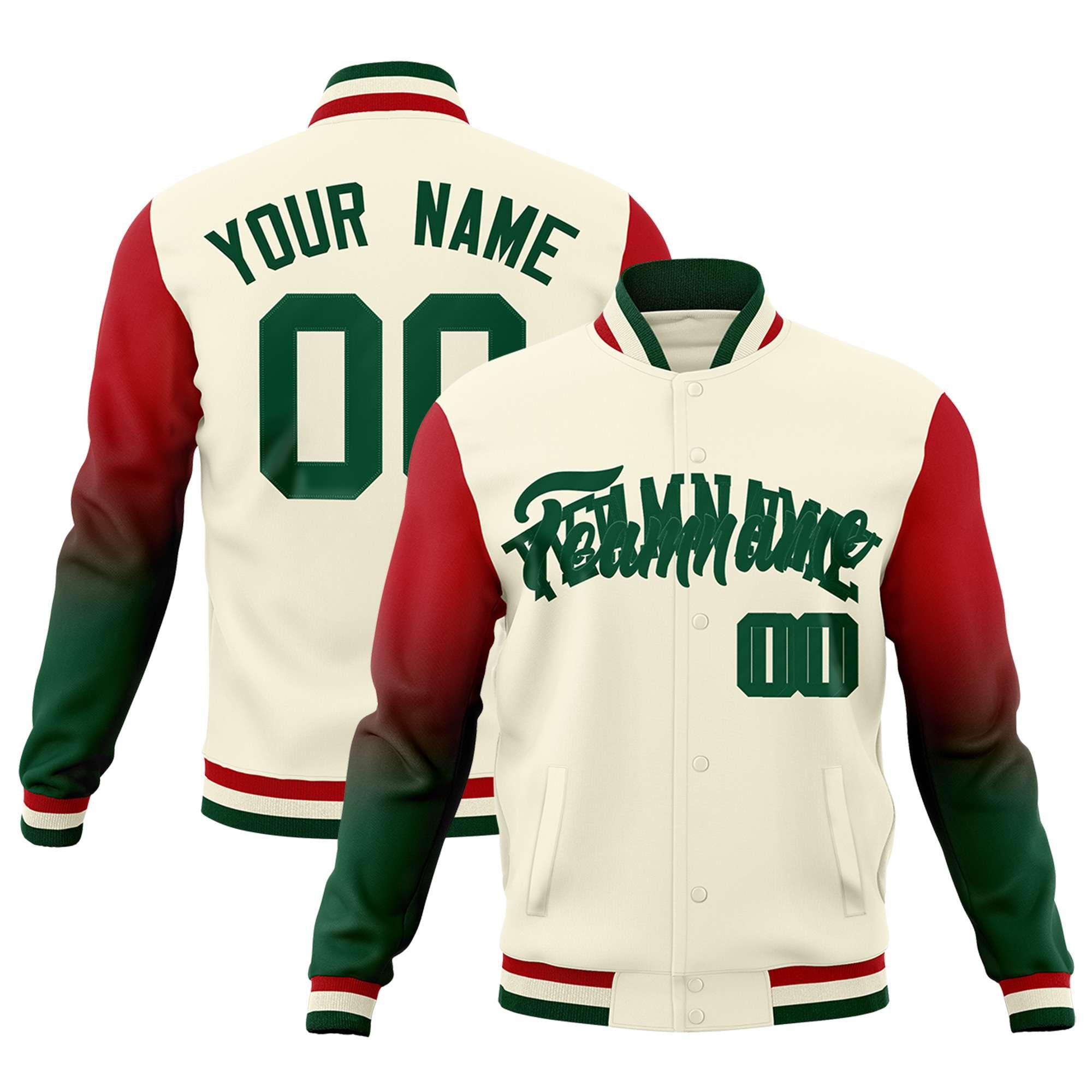 Custom Cream Green Red Full-Snap Varsity Raglan Sleeves Gradient Letterman Jacket| KXKSHOP