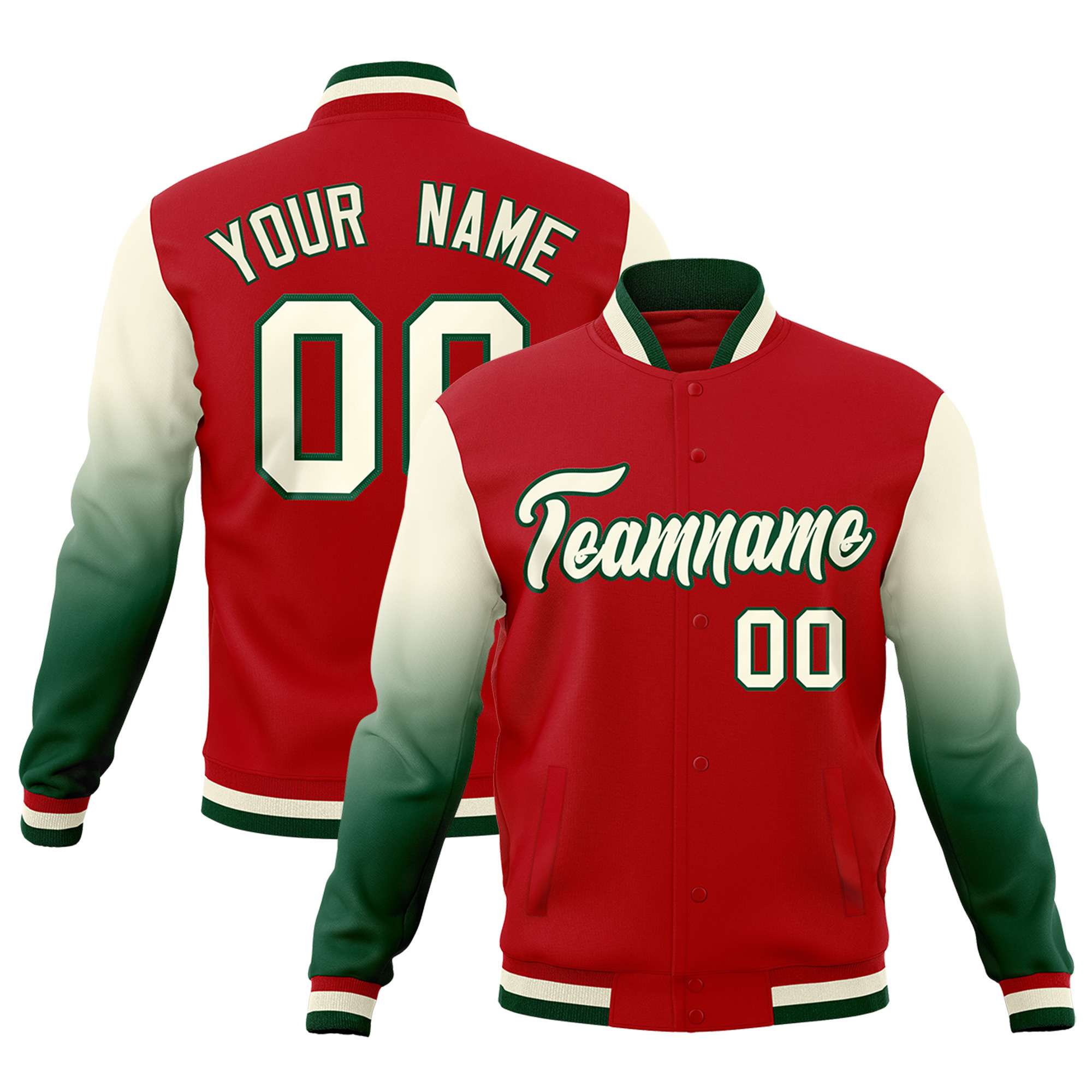 Custom Red Cream Green Full-Snap Varsity Raglan Sleeves Gradient Letterman Jacket| KXKSHOP