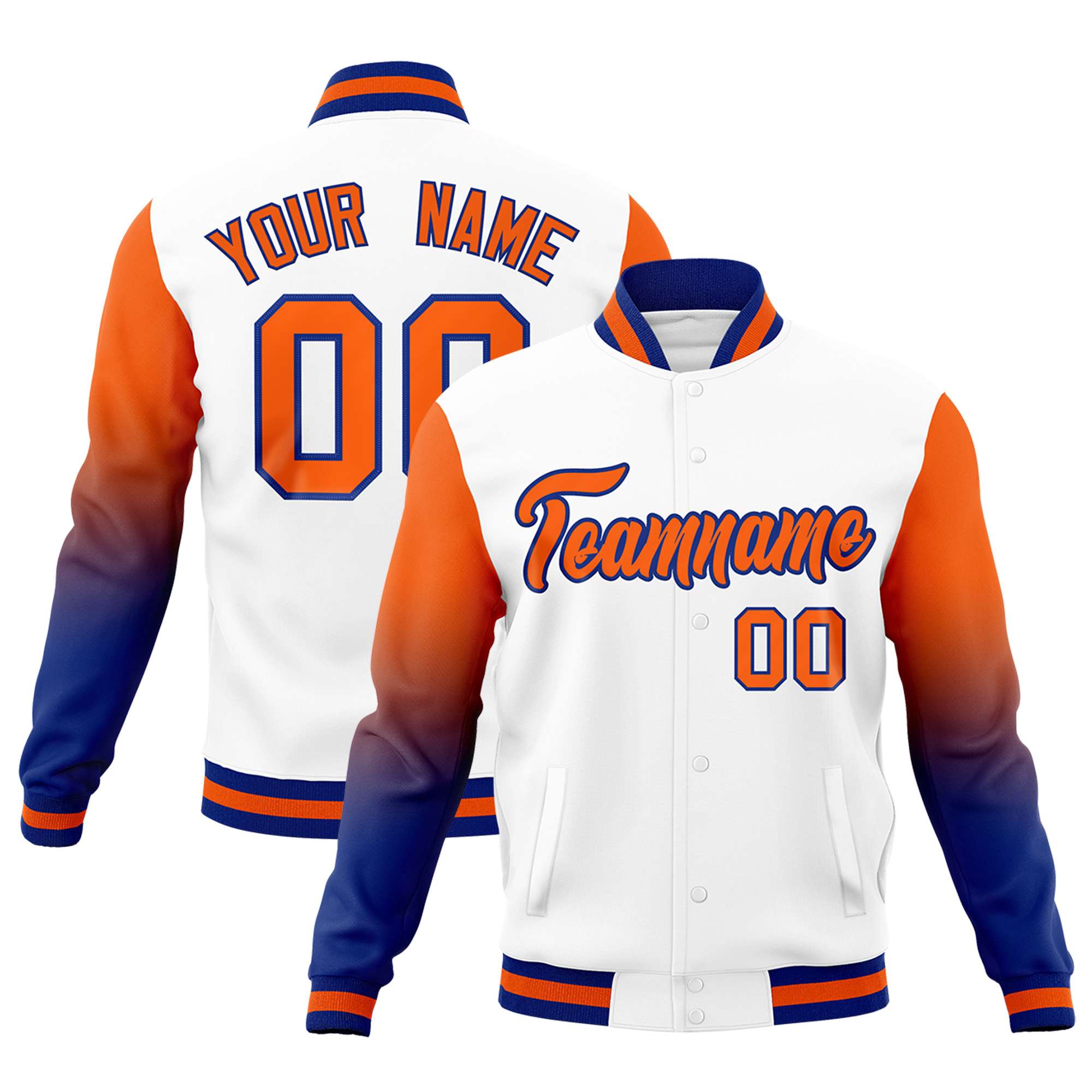 Custom White Orange Royal Blue Full-Snap Varsity Raglan Sleeves Gradient Letterman Jacket| KXKSHOP
