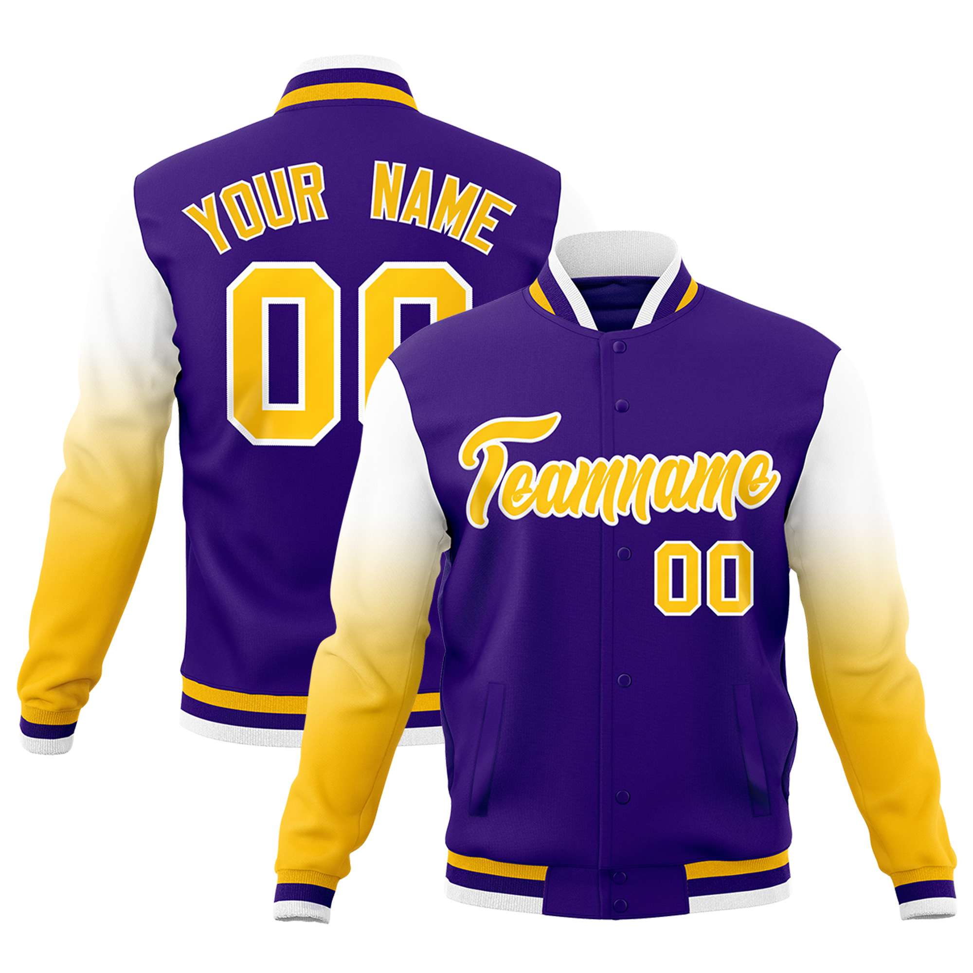 Custom Purple Gold White Full-Snap Varsity Raglan Sleeves Gradient Letterman Jacket| KXKSHOP